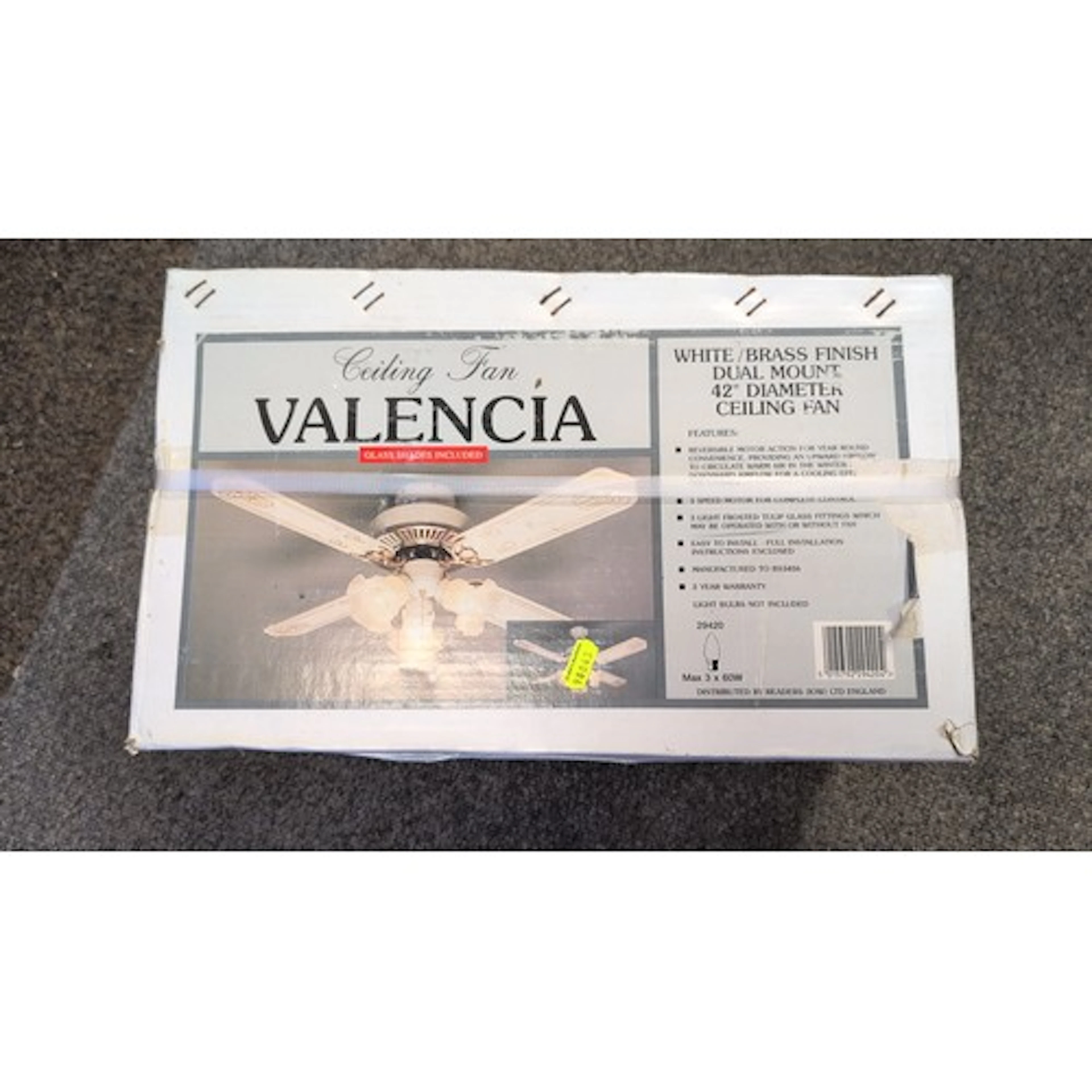 Valencia 42-inch dual-mount ceiling fan in white and brass f...