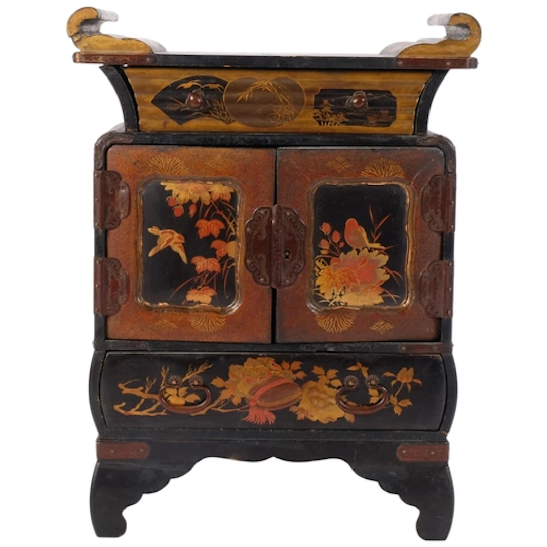 An Antique Japanese table-top lacquered cabinet, with 2 door...