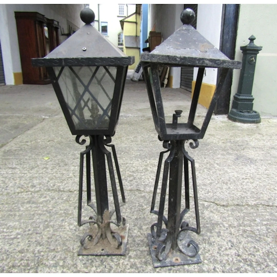 Pair of Wrought Metal Pillar Lanterns Electrified Working Or...