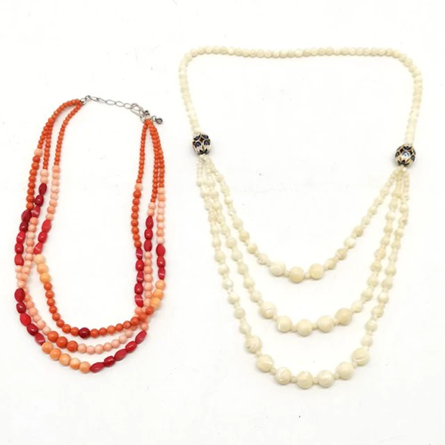 Triple strand 3 colour coral bead necklace with silver clasp...