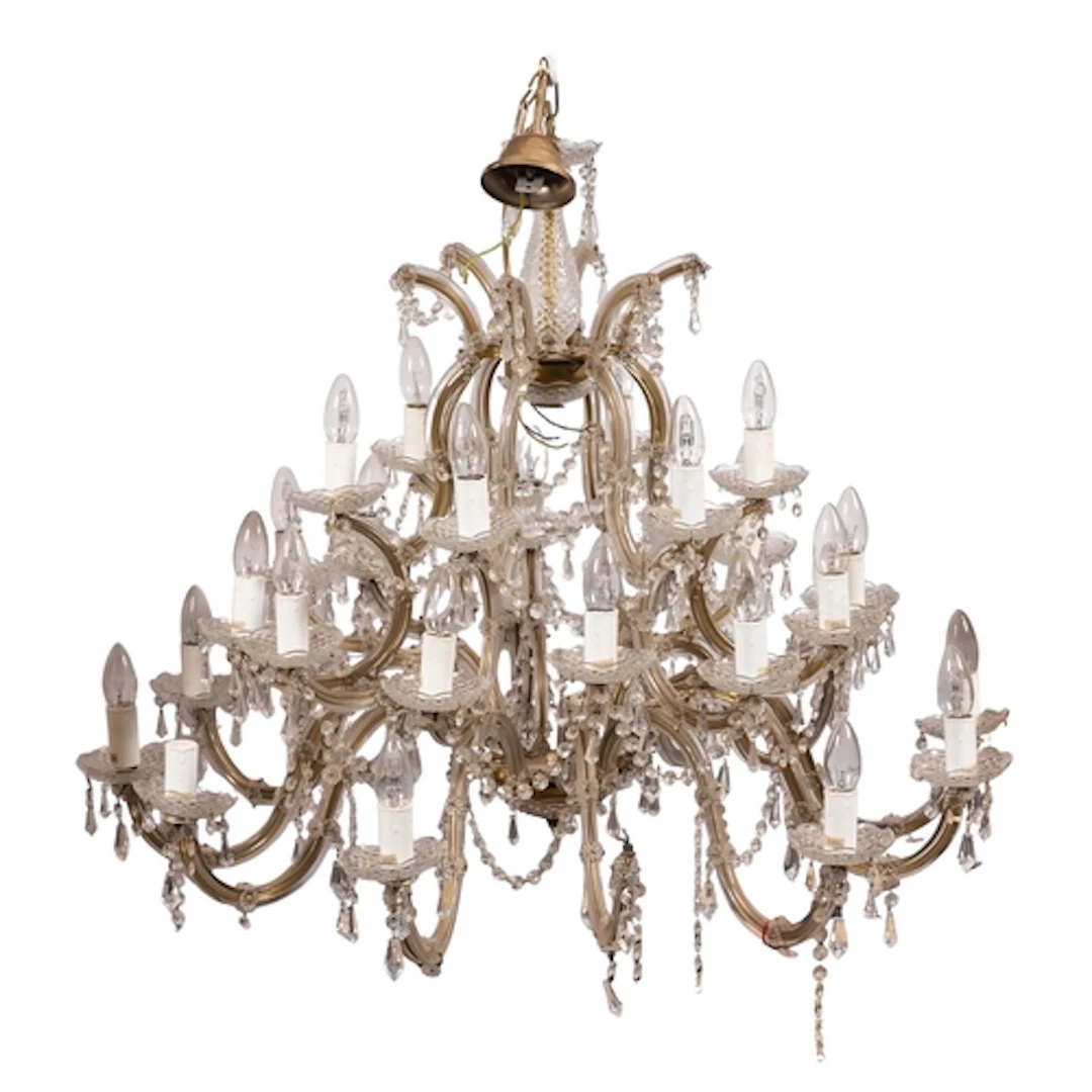A gilt metal and moulded glass thirty light chandelier, mid ...