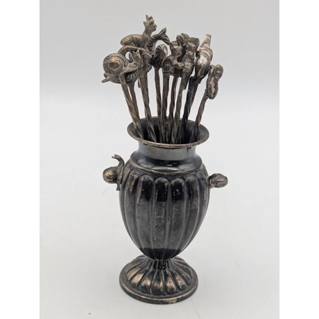 A set of Spanish silver cocktail sticks, having snails, elep...