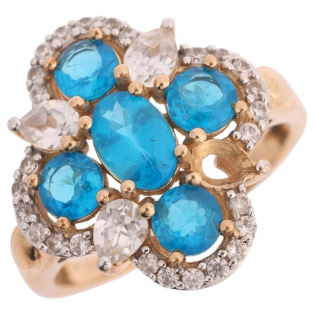 A 9ct gold blue apatite and white zircon flowerhead cluster ...