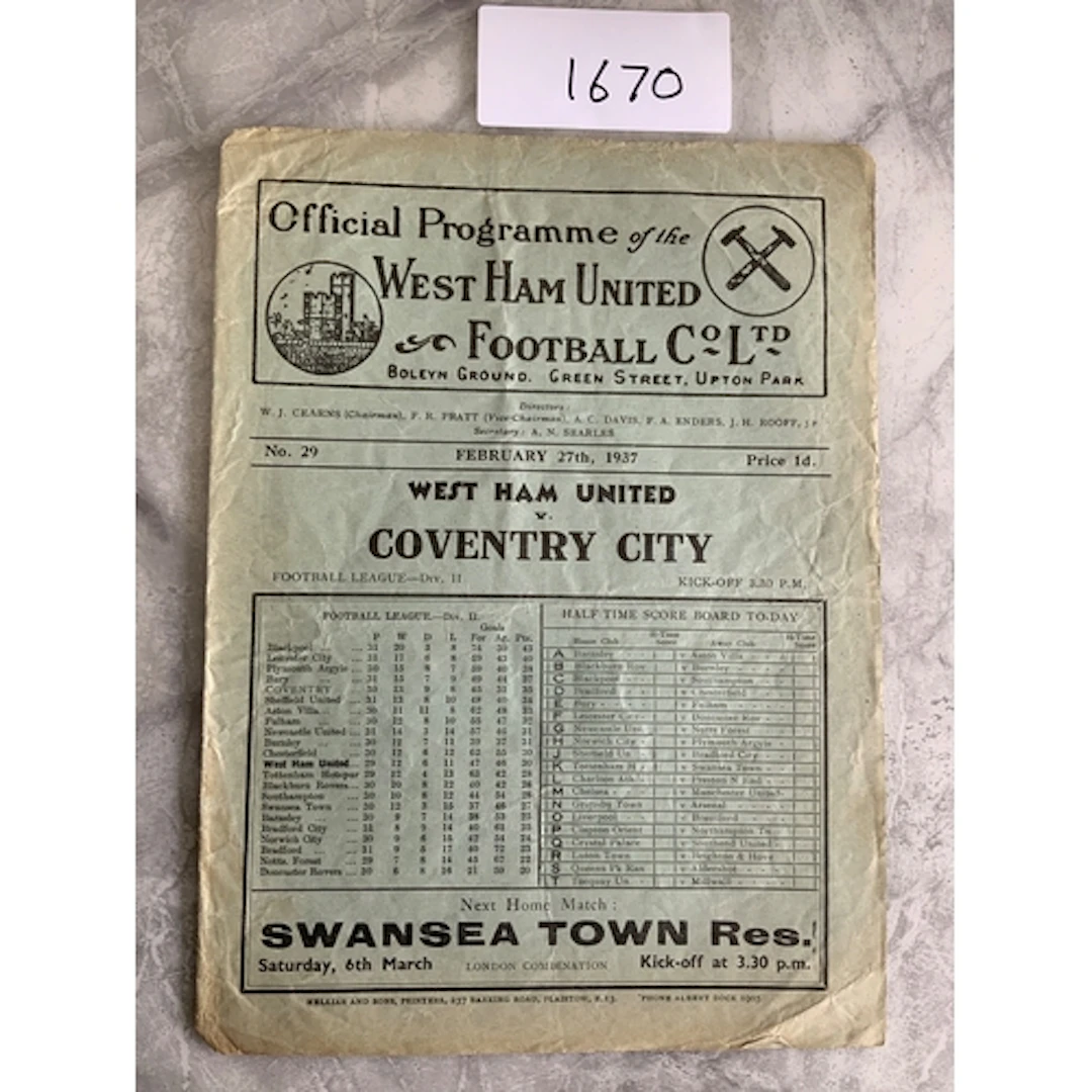 36/37 West Ham v Coventry City Football Programme: Fair/good...
