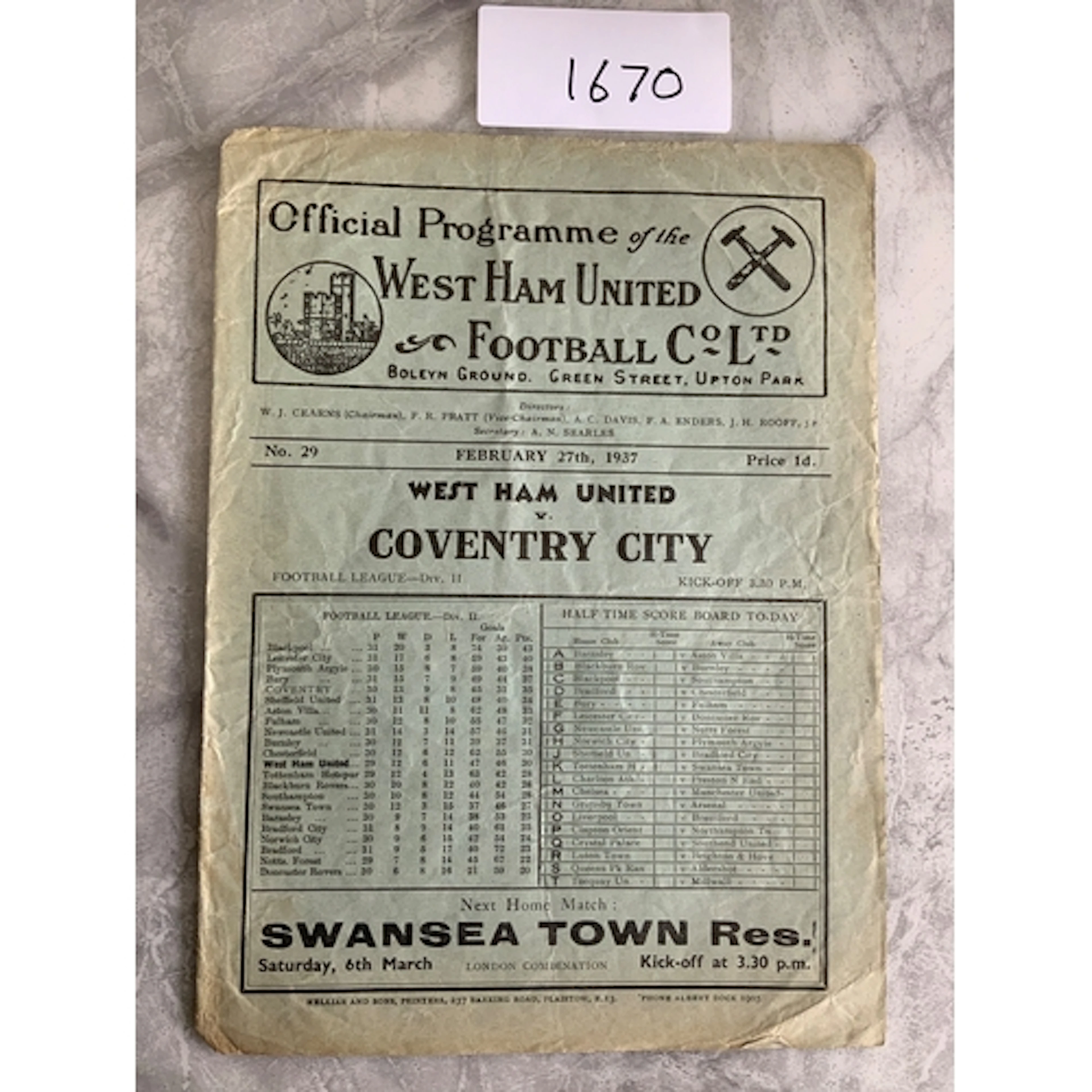 36/37 West Ham v Coventry City Football Programme: Fair/good...