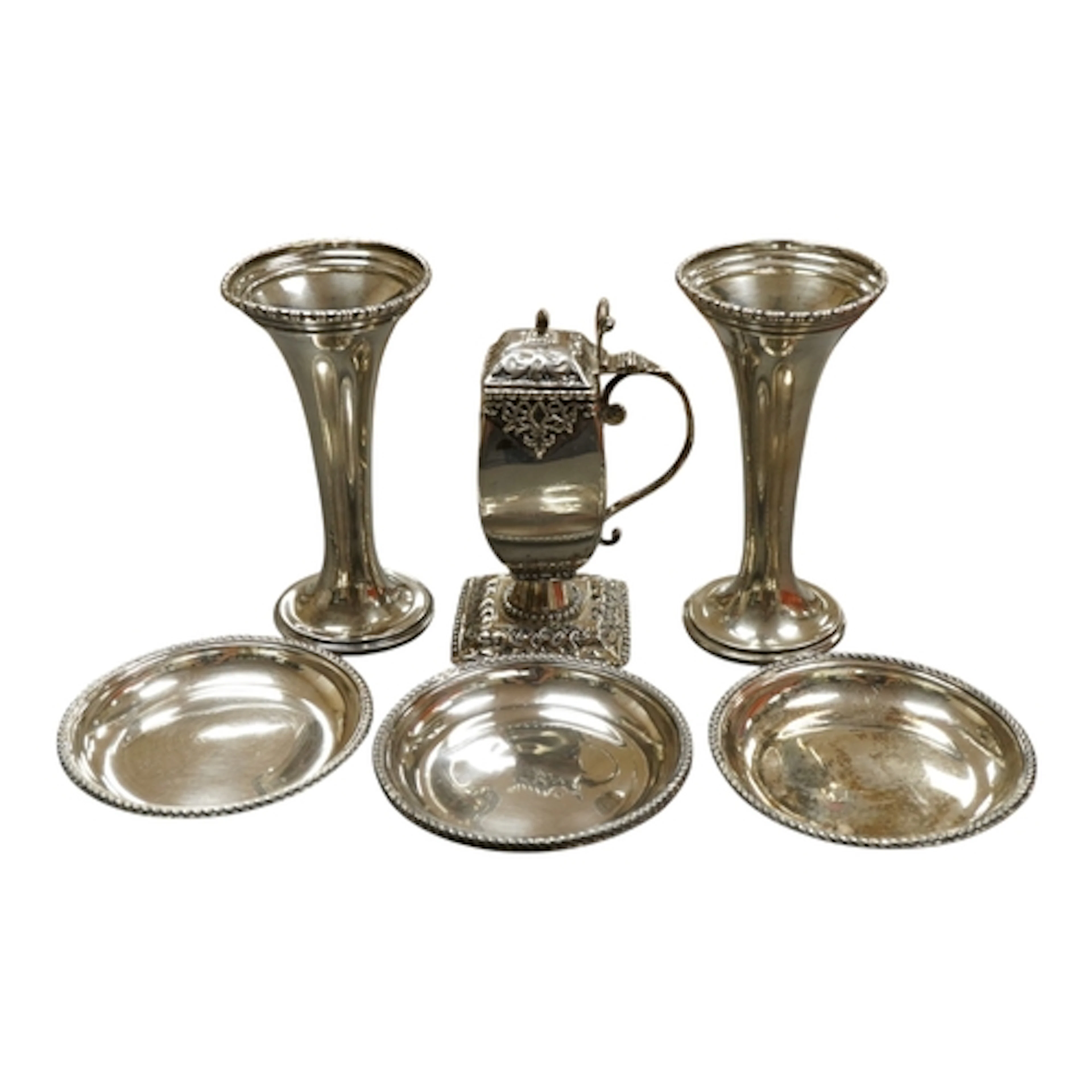A pair of George V silver mounted trumpet vases, Horace Wood...
