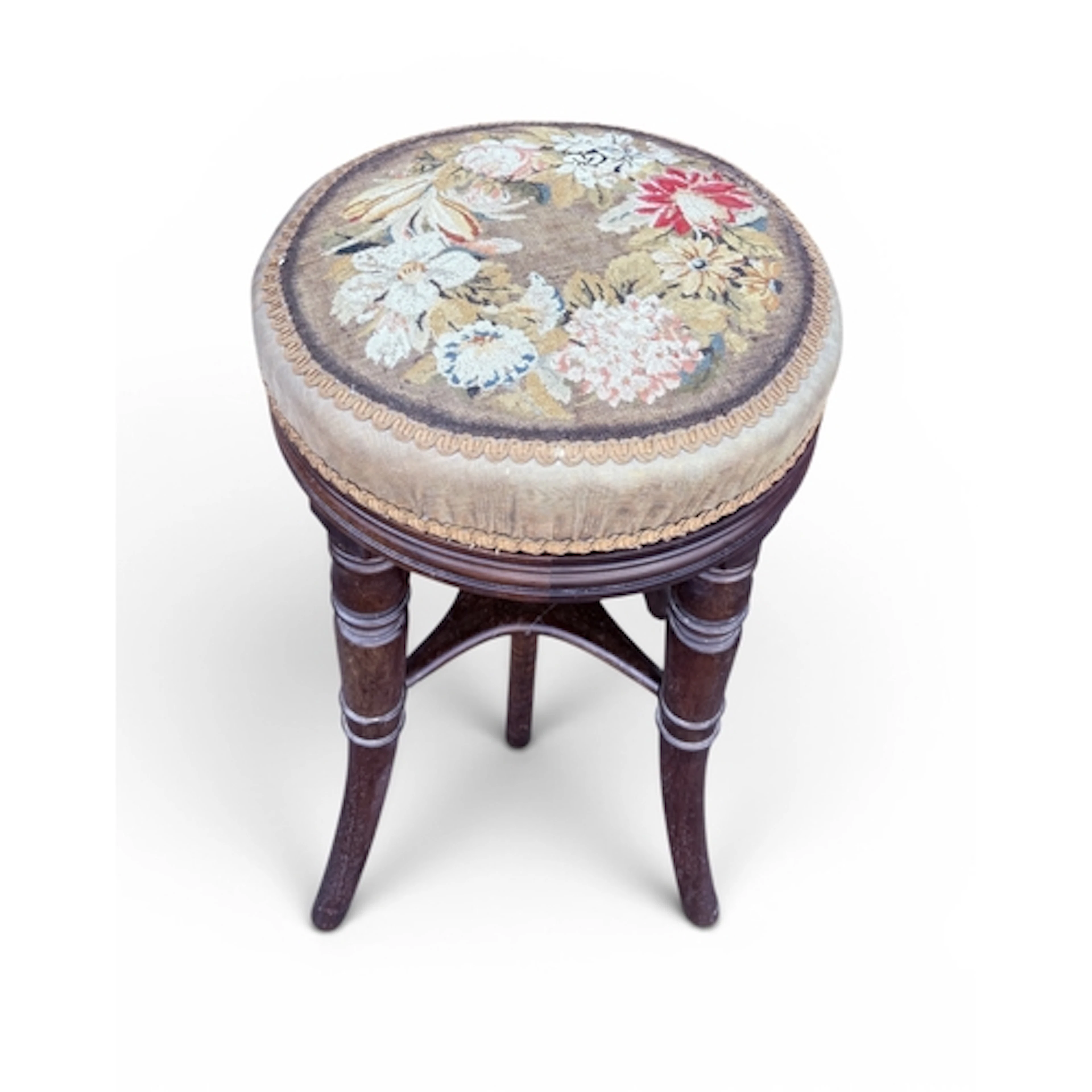 A VICTORIAN PIANO STOOL WITH NEEDLEPOINT UPHOLSTERED TOP...