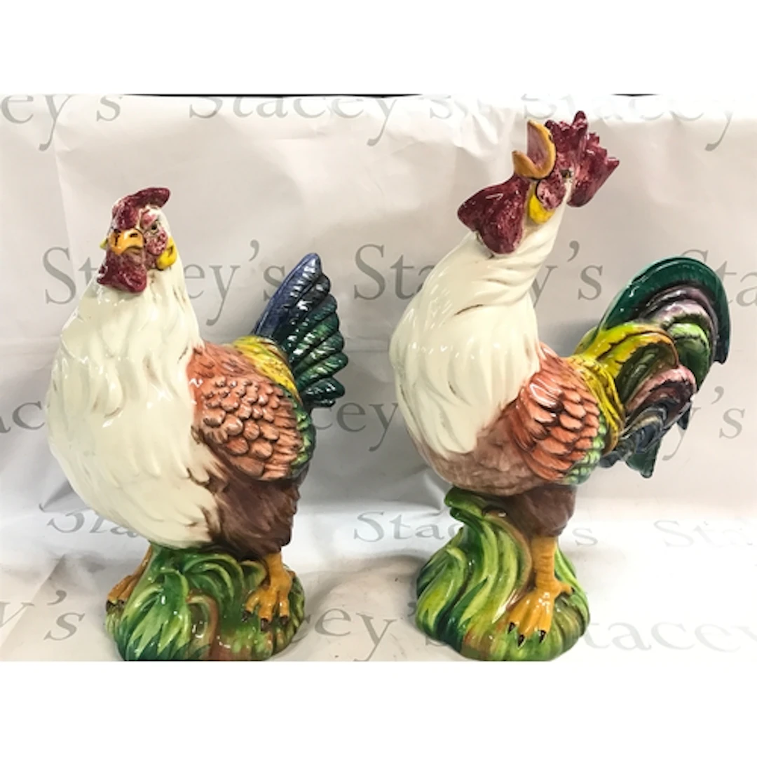 A pair of Italian large ceramic roosters 42cm and 47cm tall....