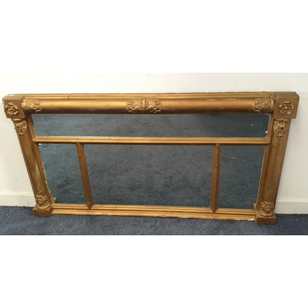 LARGE GILT FRAMED OVER MANTLE MIRROR the side columns decora...