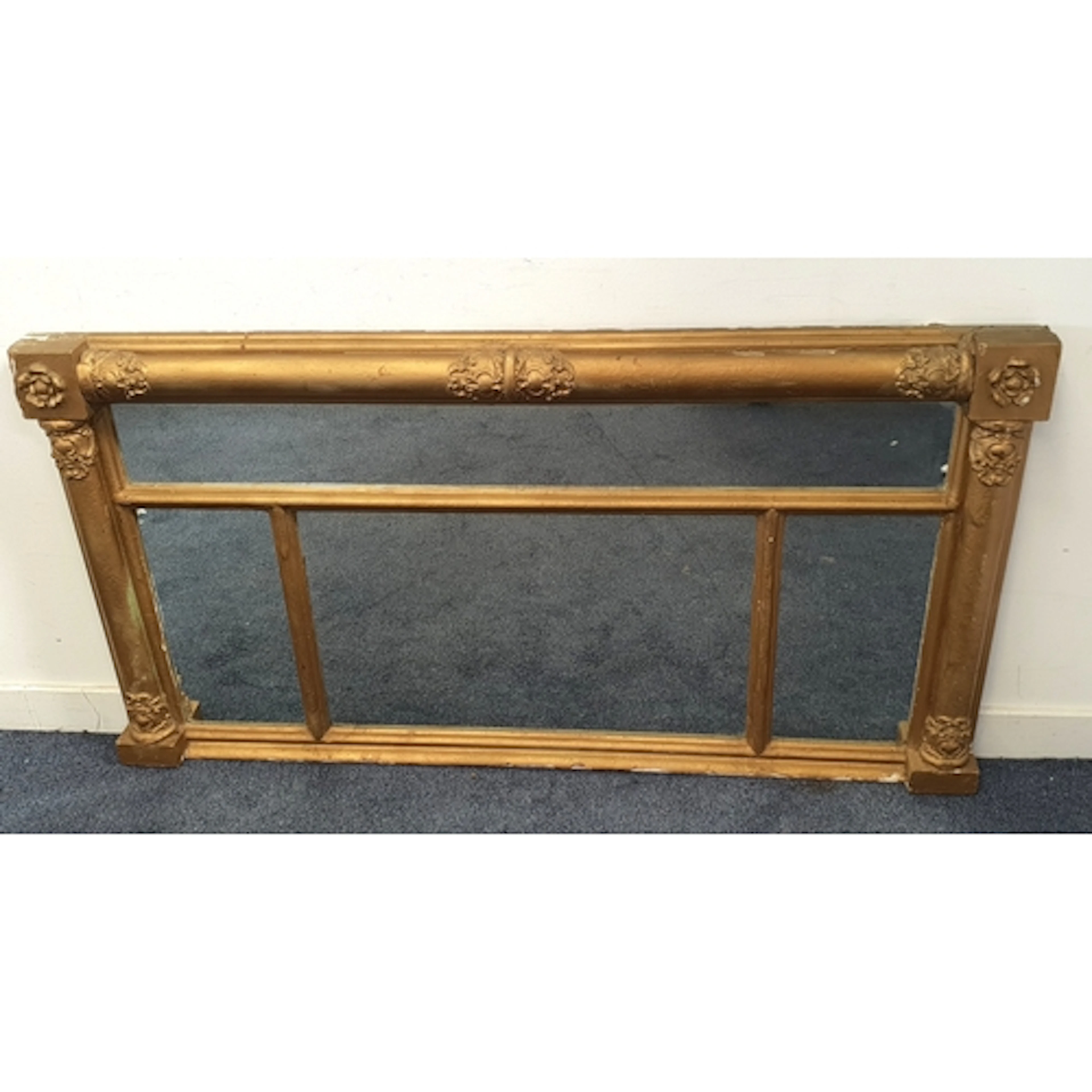 LARGE GILT FRAMED OVER MANTLE MIRROR the side columns decora...
