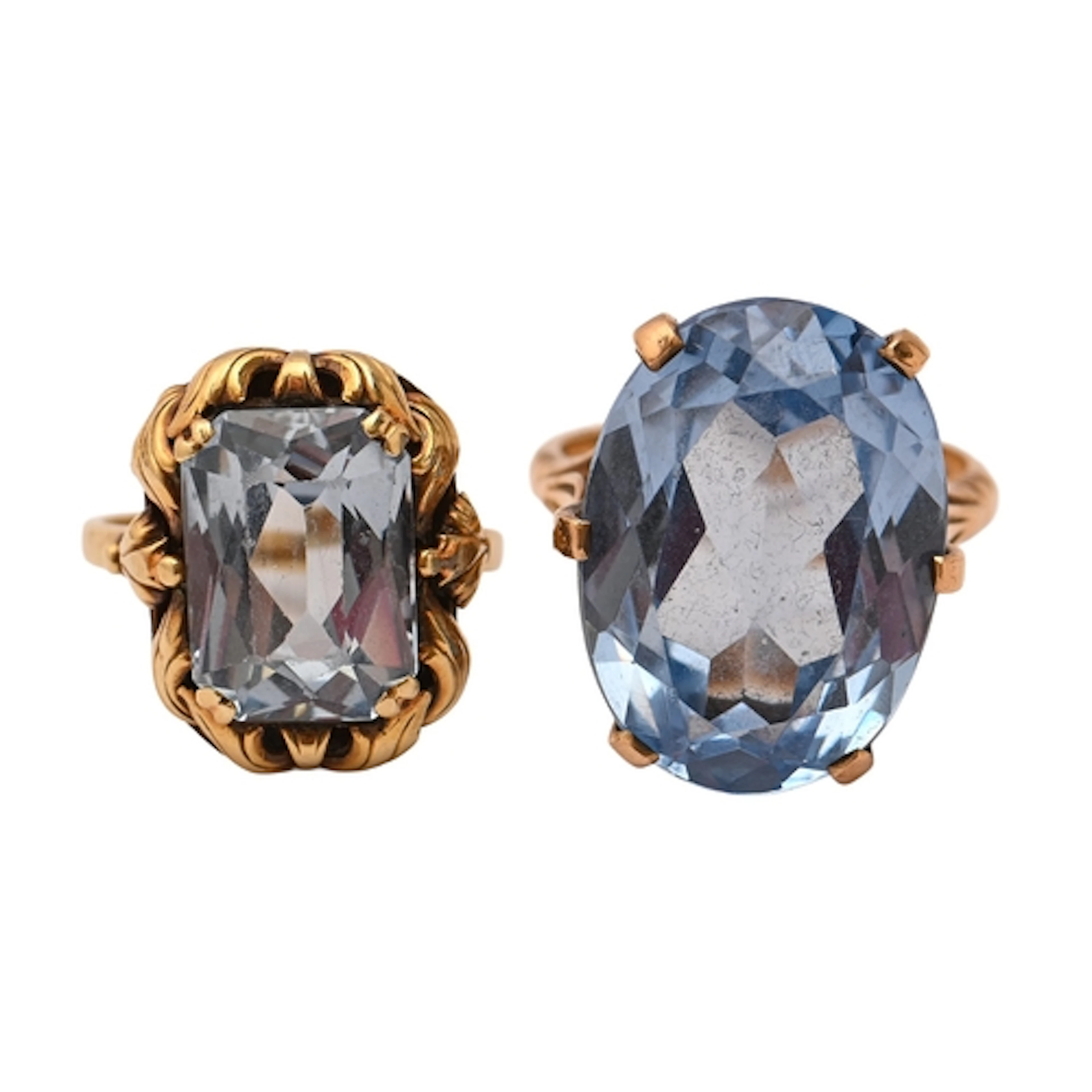 Two blue spinel rings, the smaller in gold marked 585, the l...