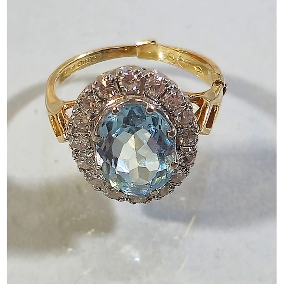 9ct gold aquamarine and diamond ladies oval cluster ring, se...