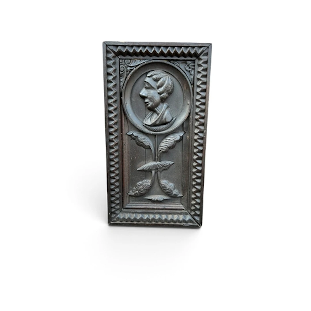 A HAND CARVED ROMAYNE-STYLE OAK PANEL 44cm x 24cm...
