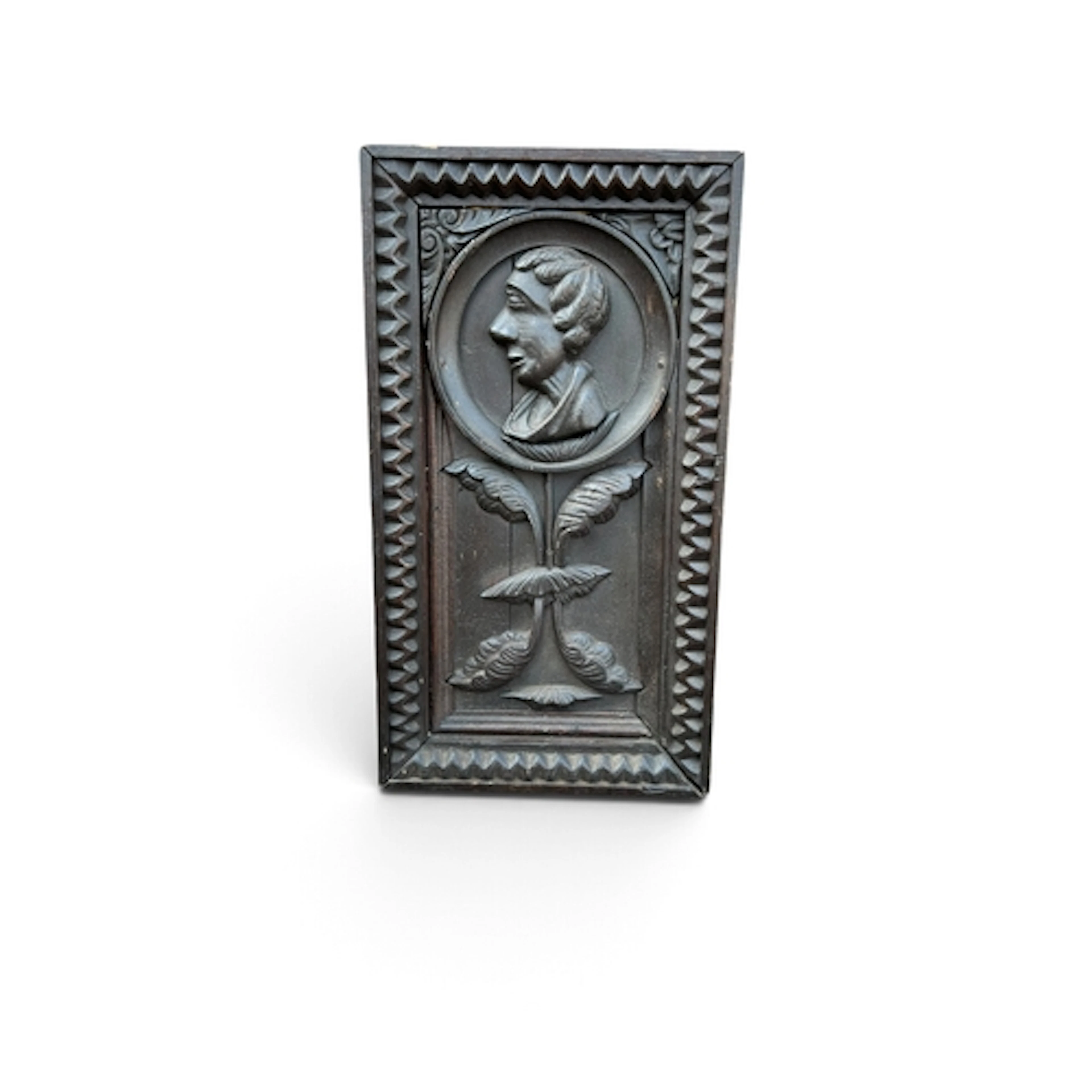 A HAND CARVED ROMAYNE-STYLE OAK PANEL 44cm x 24cm...