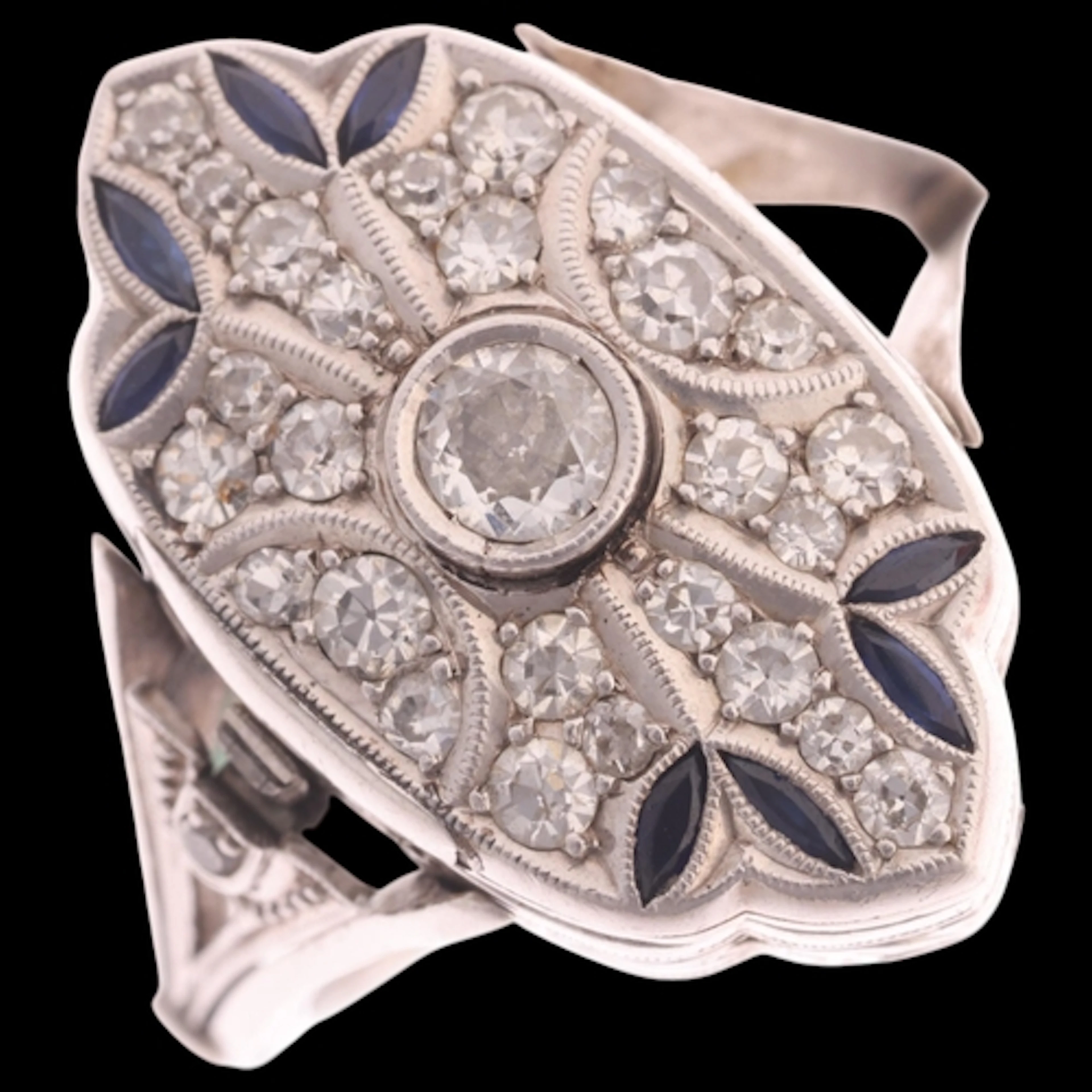An Art Deco platinum sapphire and diamond timepiece ring, sh...