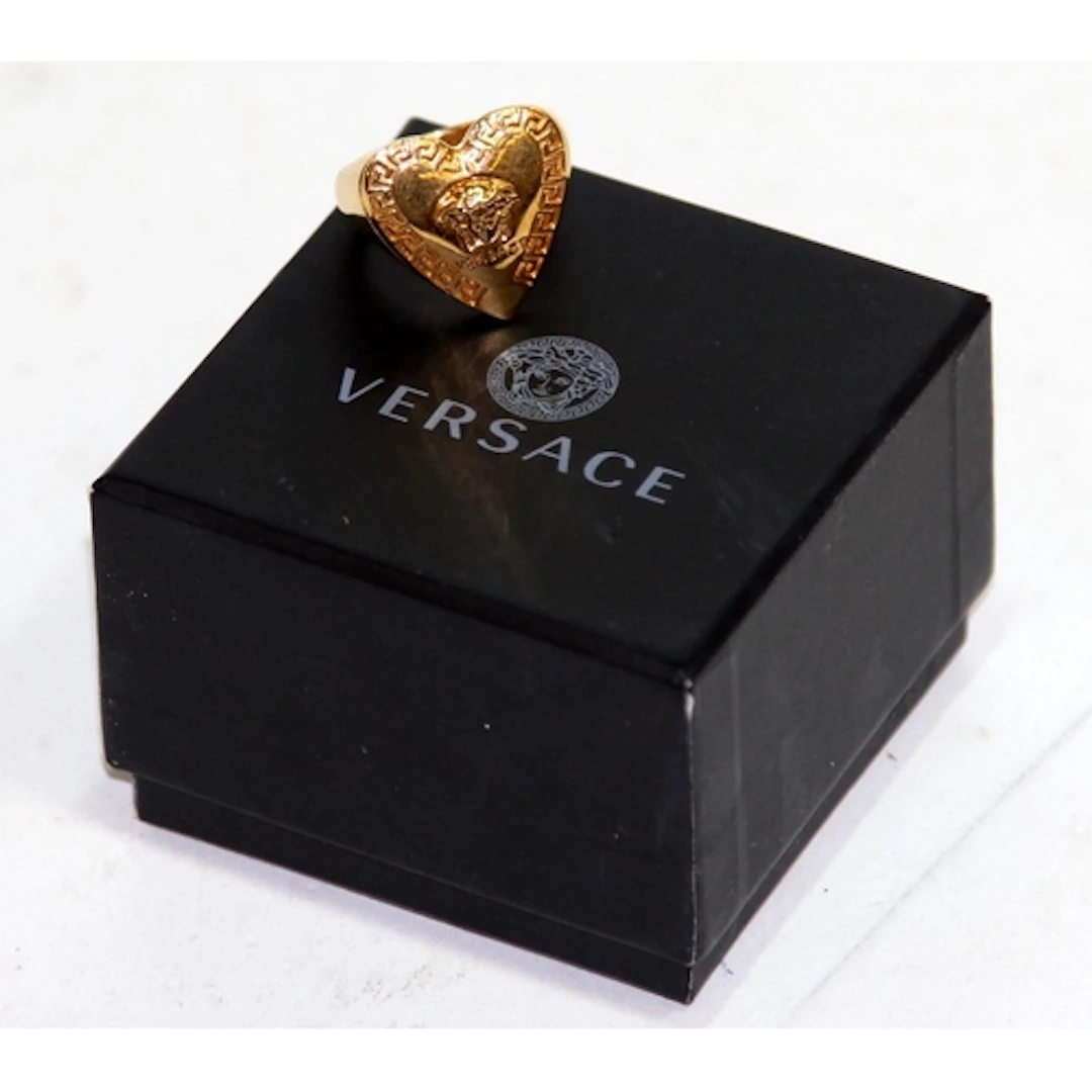 Versace heart shaped gold plated signet ring with signature ...