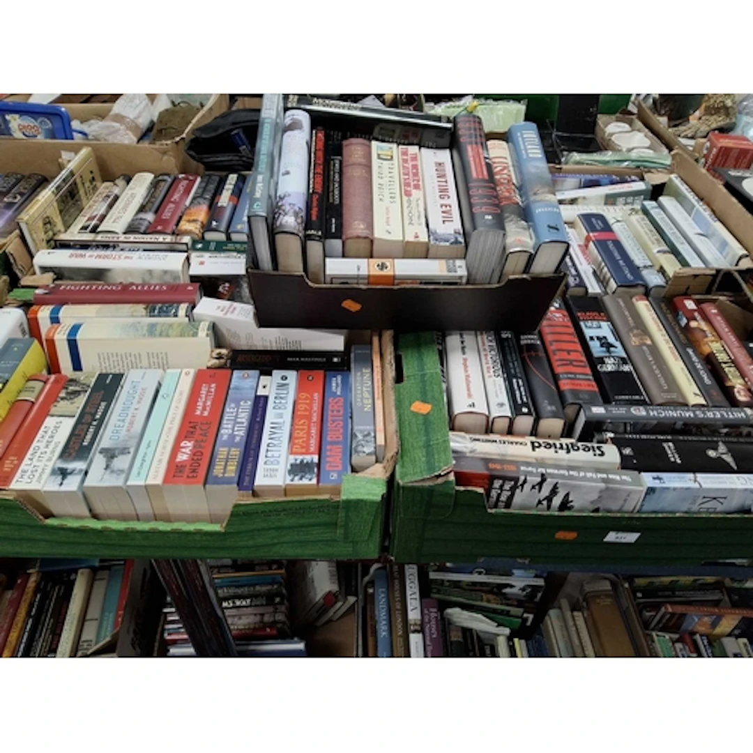 FIVE BOXES OF BOOKS containing approximately 100 miscellaneo...