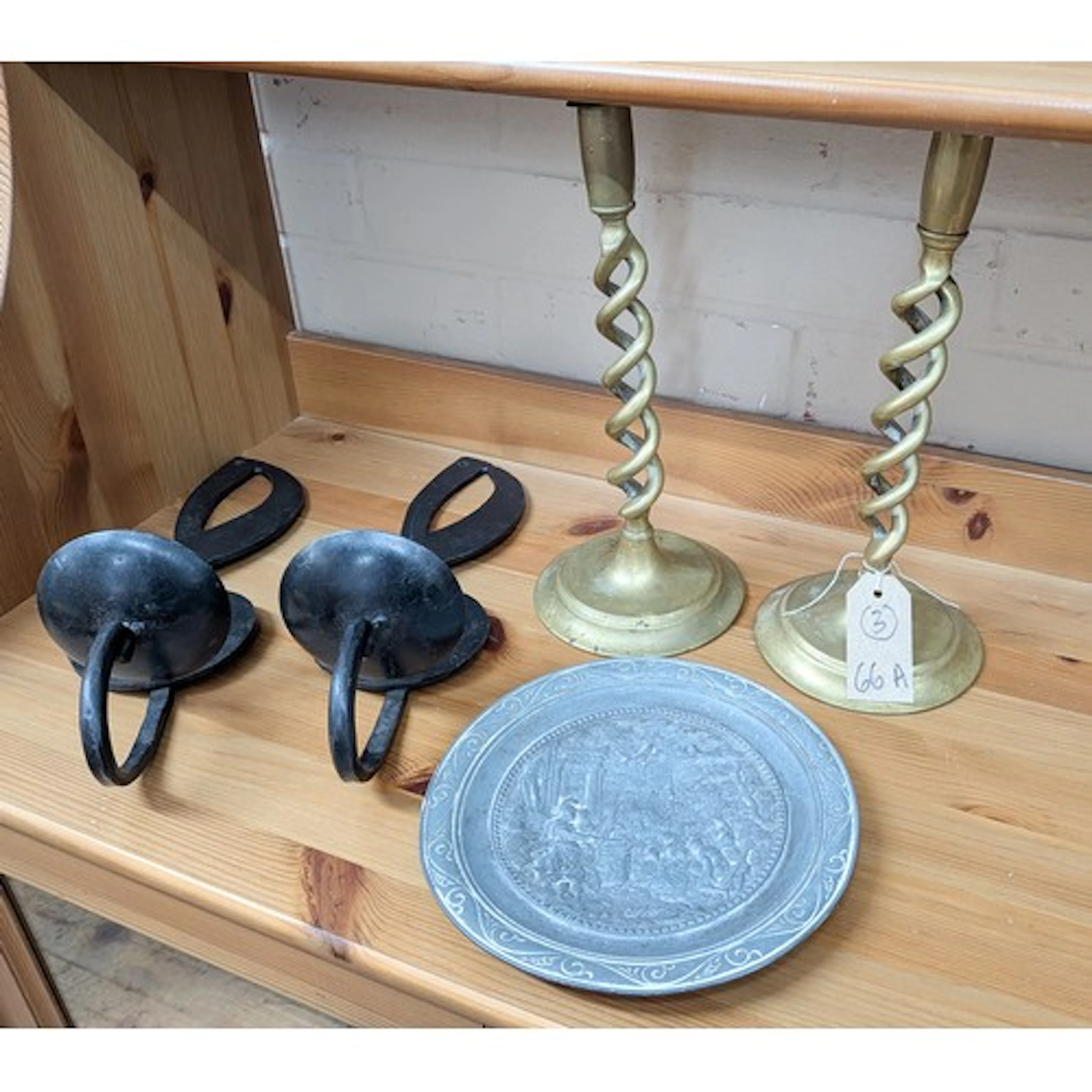 Pair of treble clef wrought iron wall sconces, pair of barle...