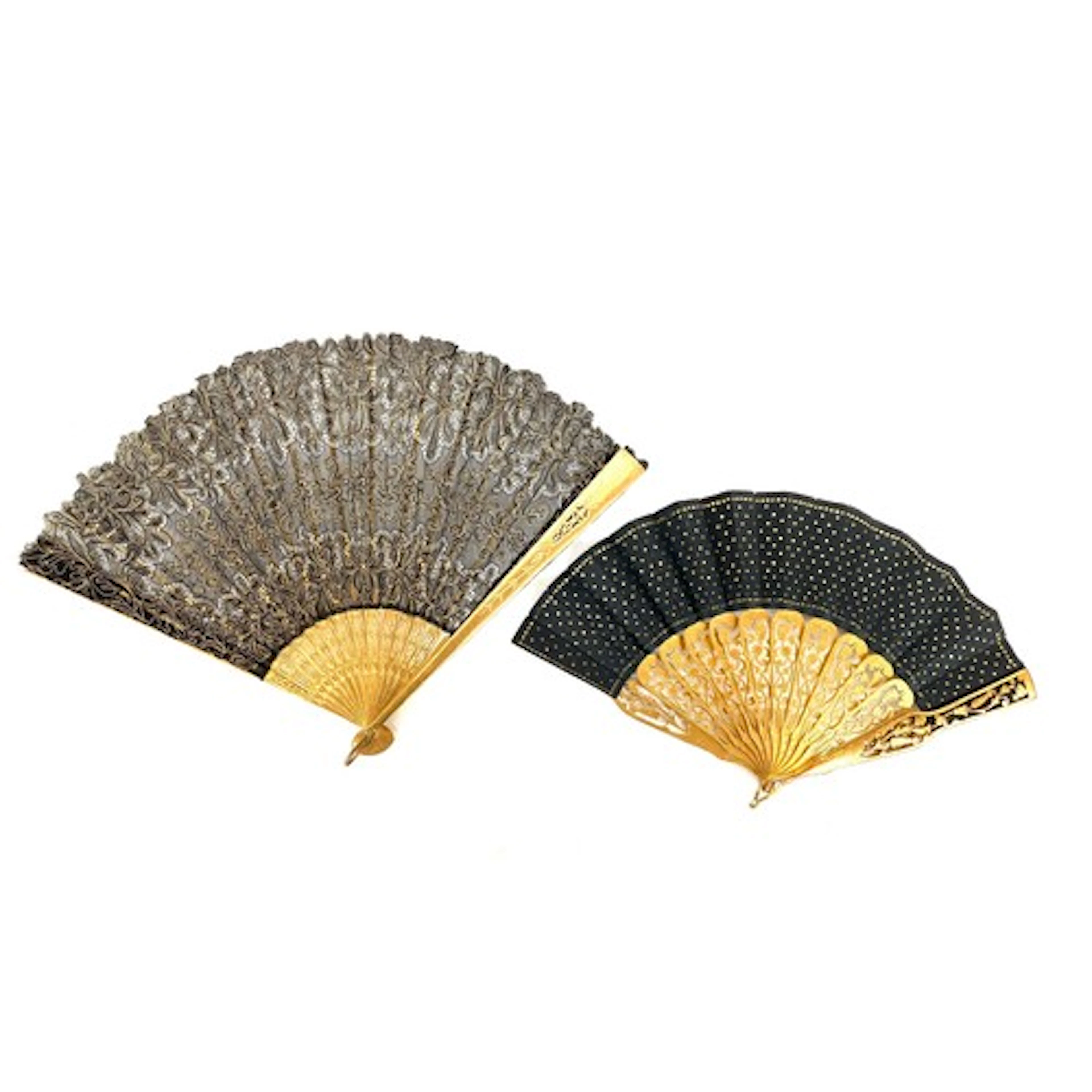 A 19th century French giltwood and black silk fan with metal...