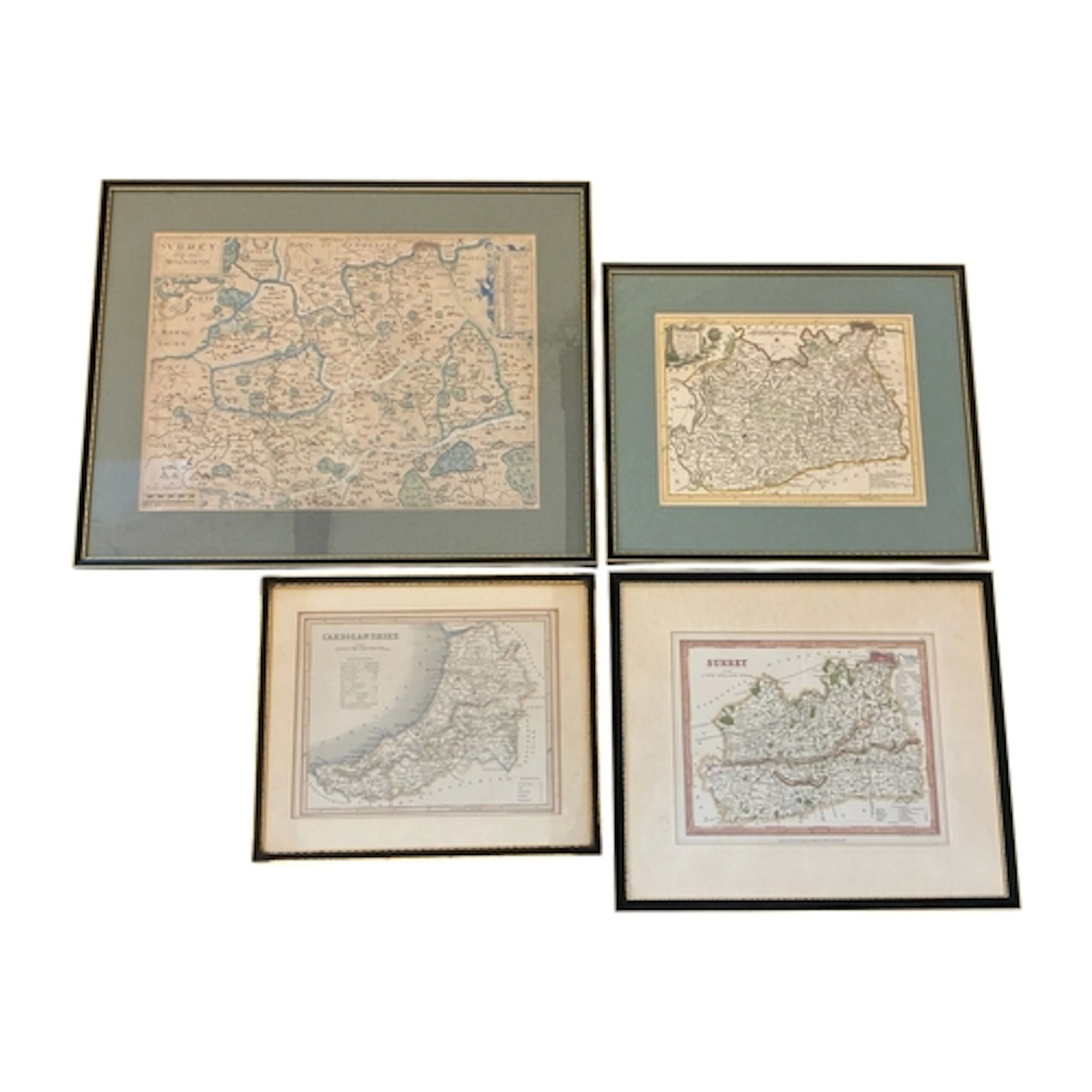 Four framed maps: John Norden & William Kip - Surrey, 17th c...