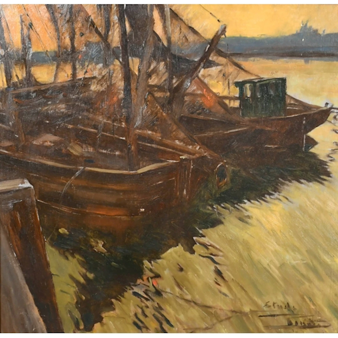 After Paul Renard (1871-1920) French. "Barges, Bruges", Oil ...