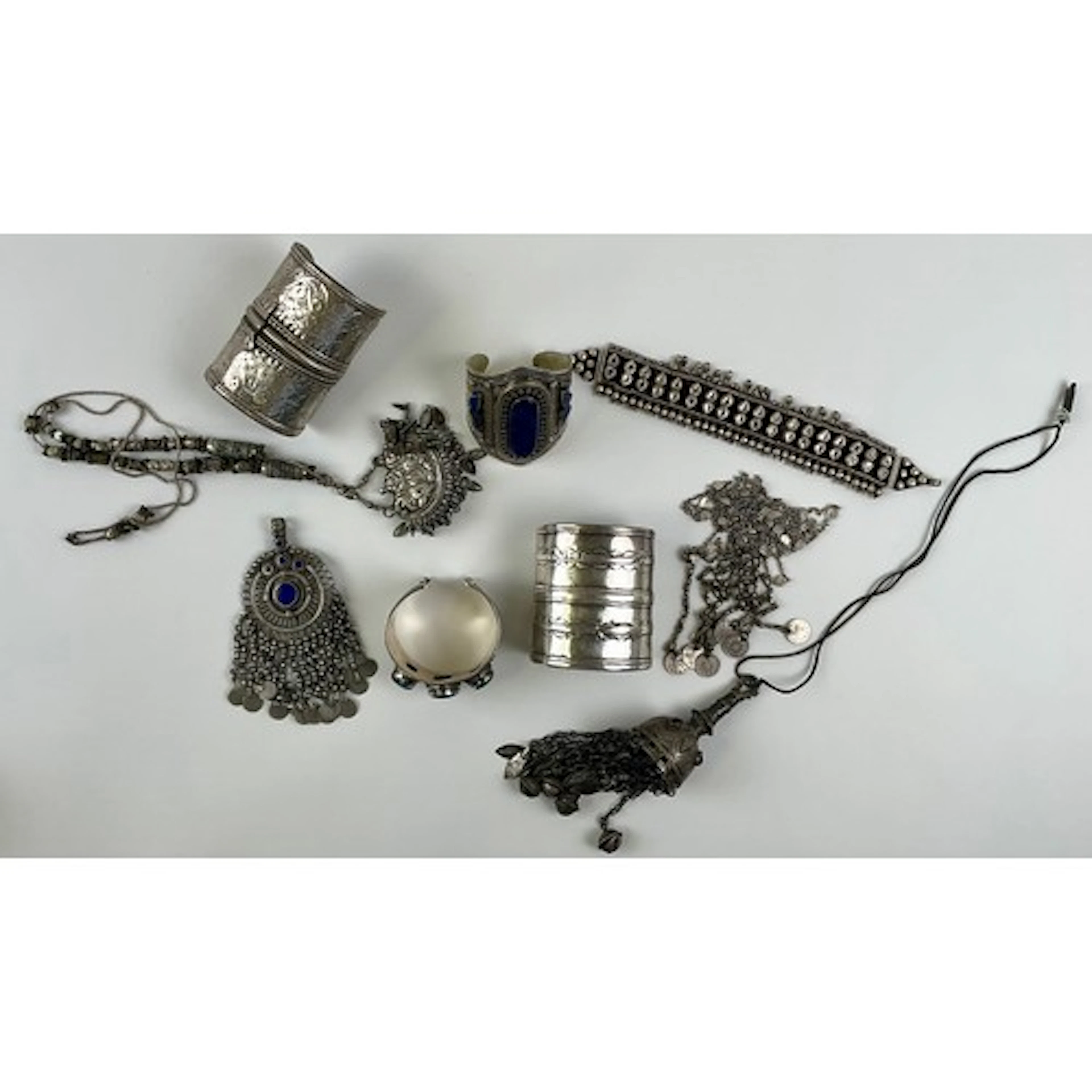 An Afghan lapis lazuli mounted silver coloured metal cuff br...