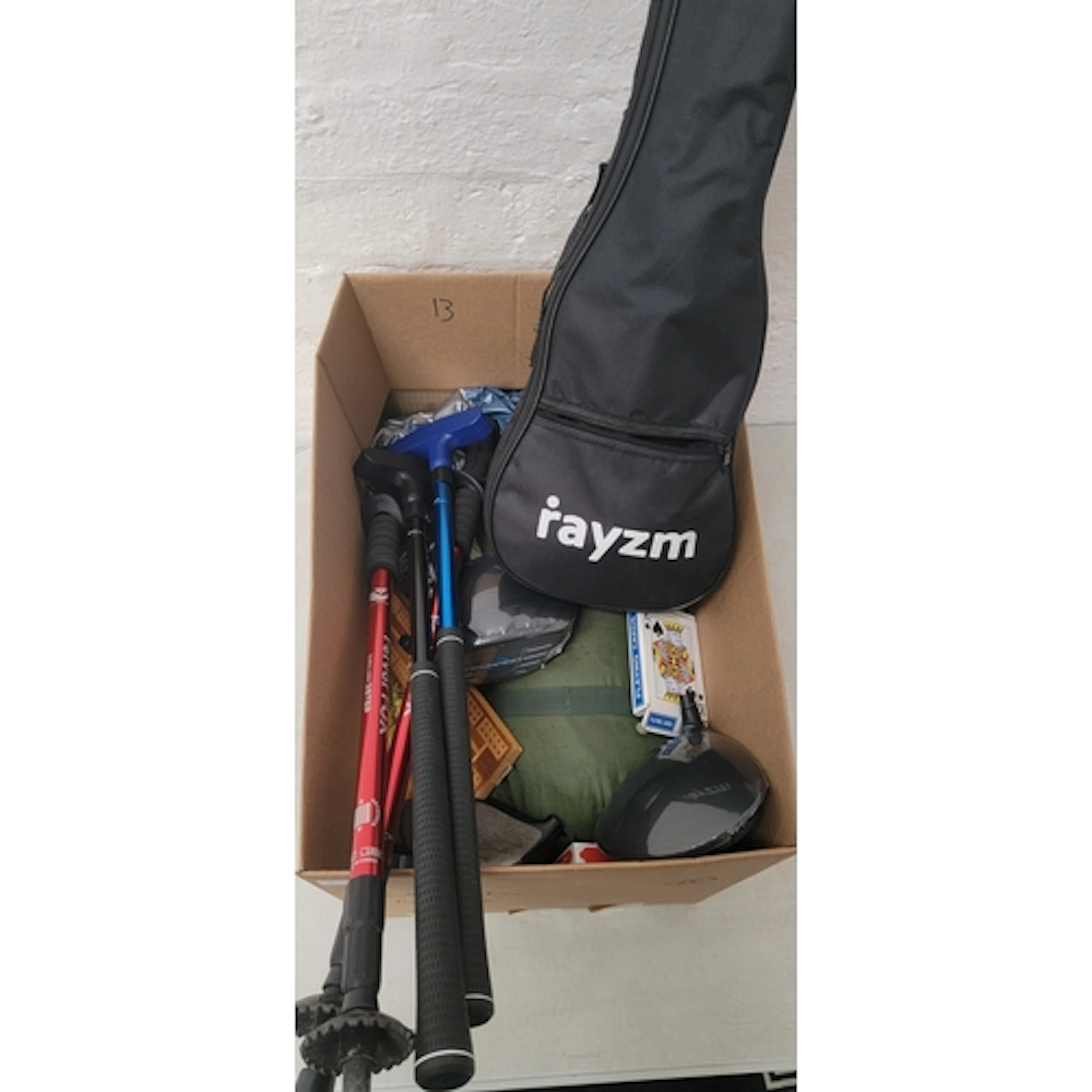 ONE BOX OF SPORTING AND LEISURE ITEMS including hiking poles...