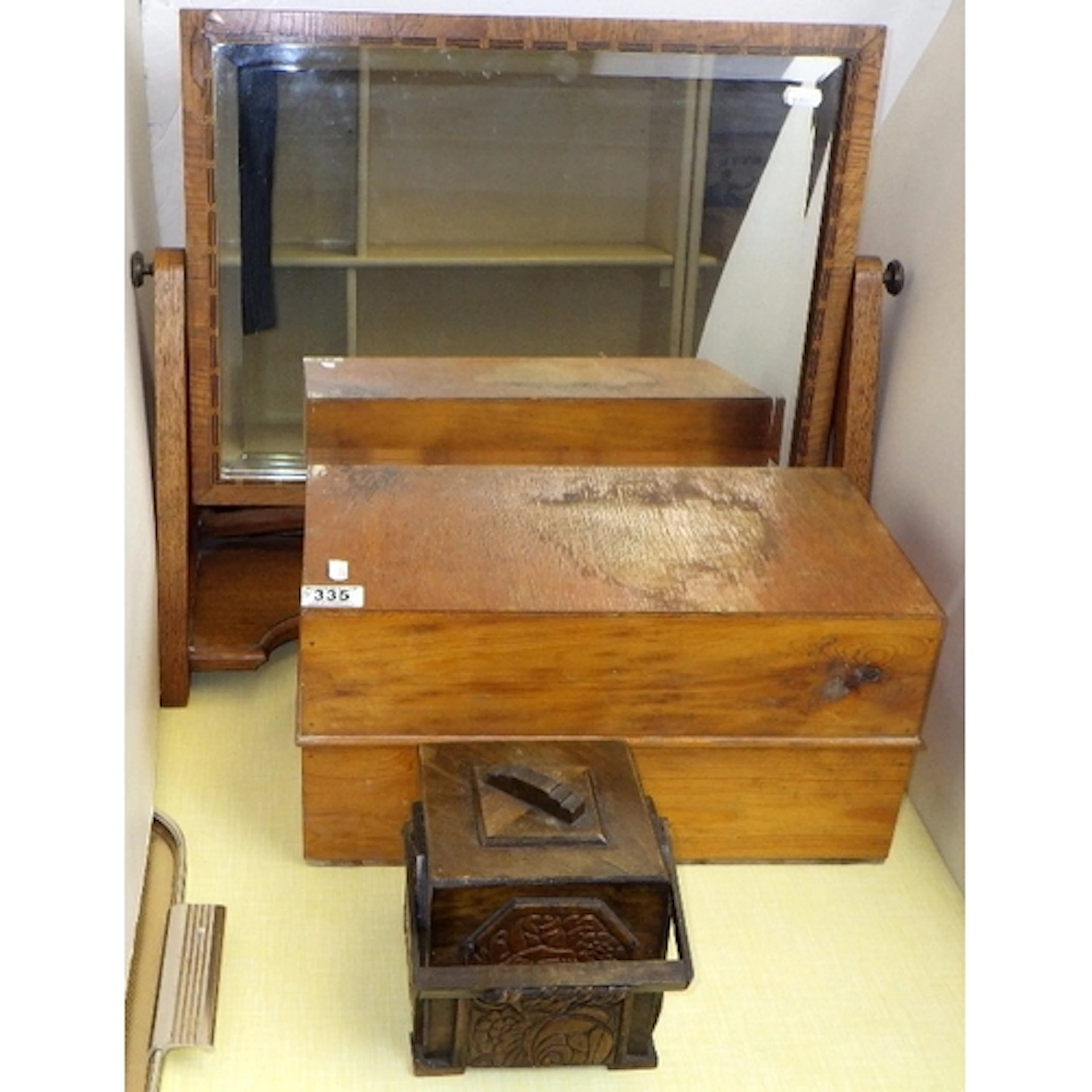 An inlaid toilet mirror, tea caddy and a set of scales AF (3...