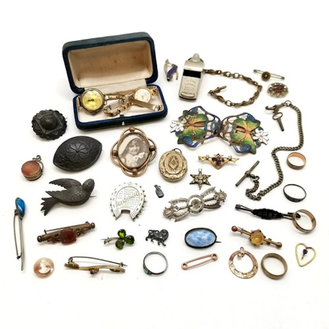 Qty of mostly antique jewellery inc Masonic locket (a/f), br...
