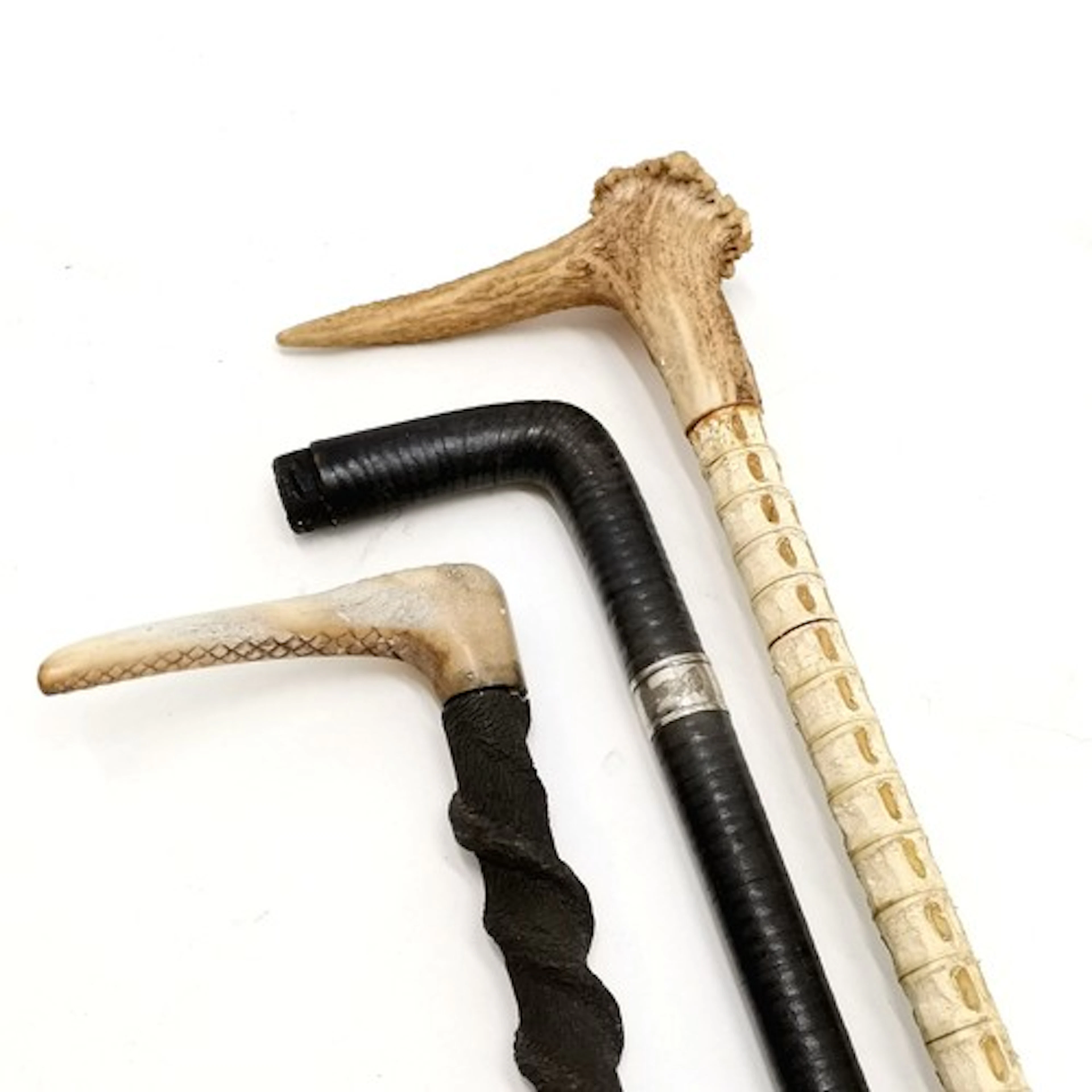 3 x antique walking sticks - 2 x leather t/w vertebrae with ...