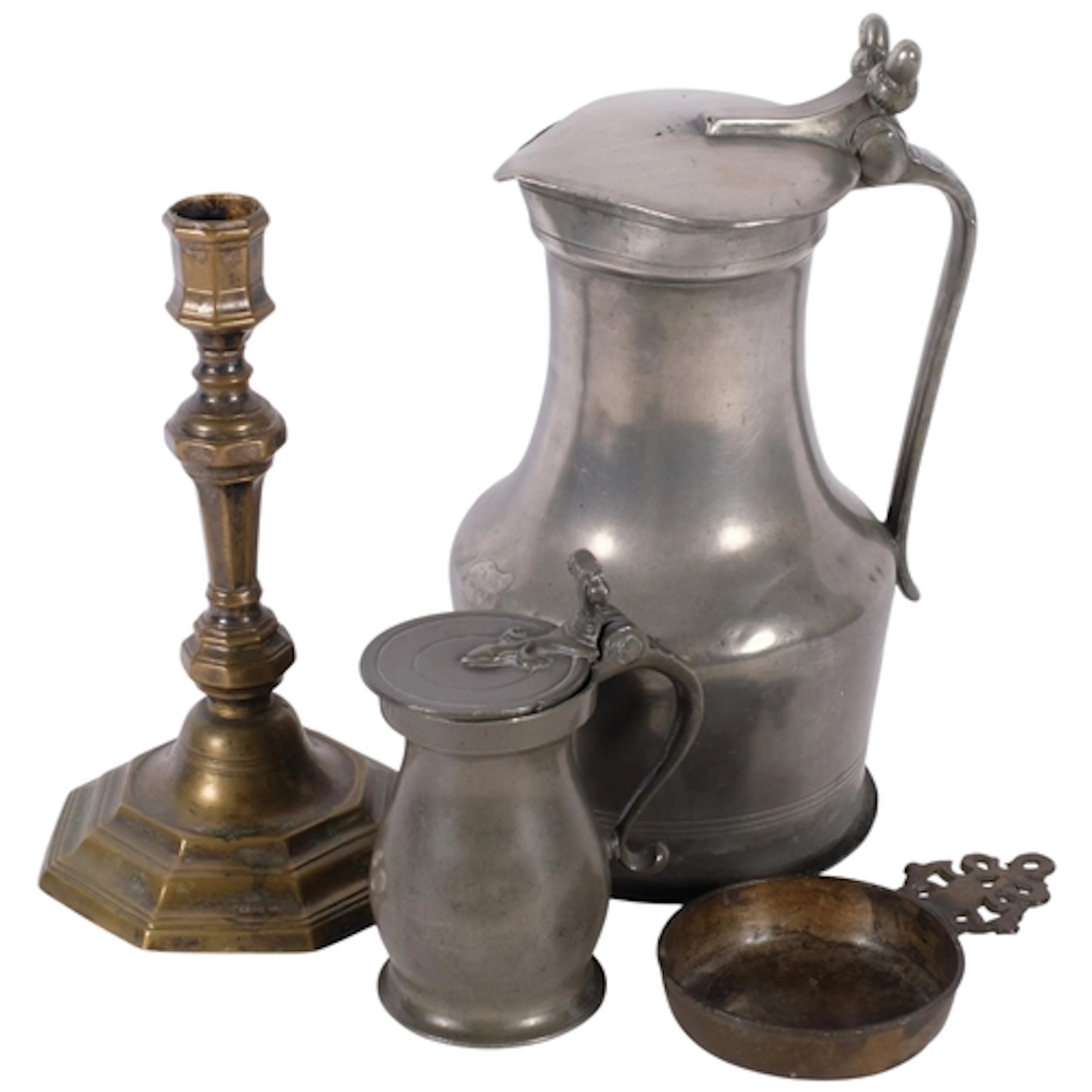 A Georgian lidded baluster wine measure, a Normandy flagon p...