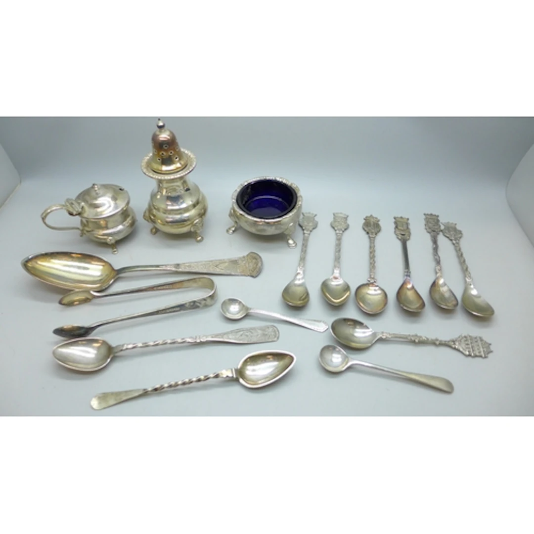 Three unmatched silver condiments, 193g without glass liners...