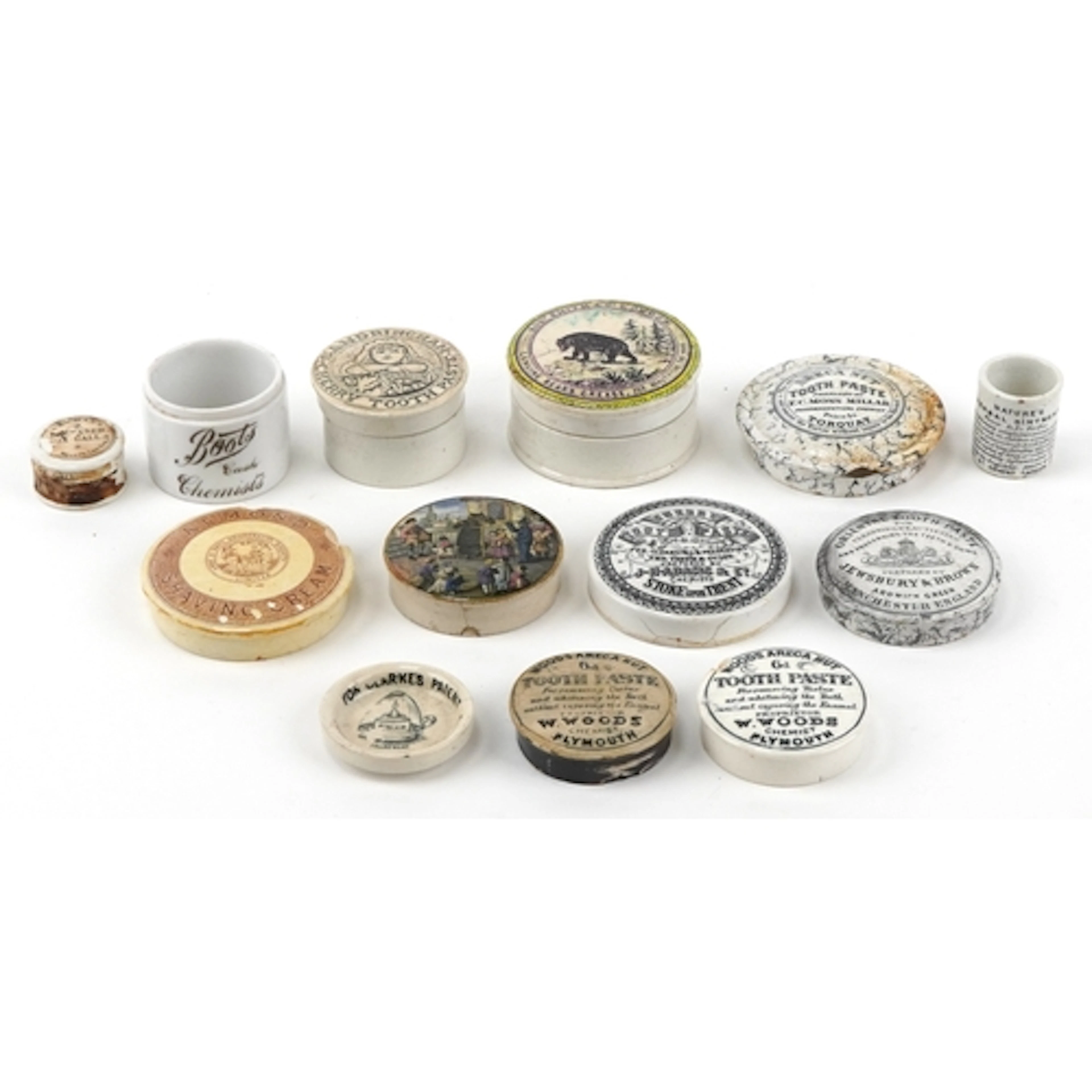 Victorian pot lids including J H Adams & Co. Cherry Toothpas...