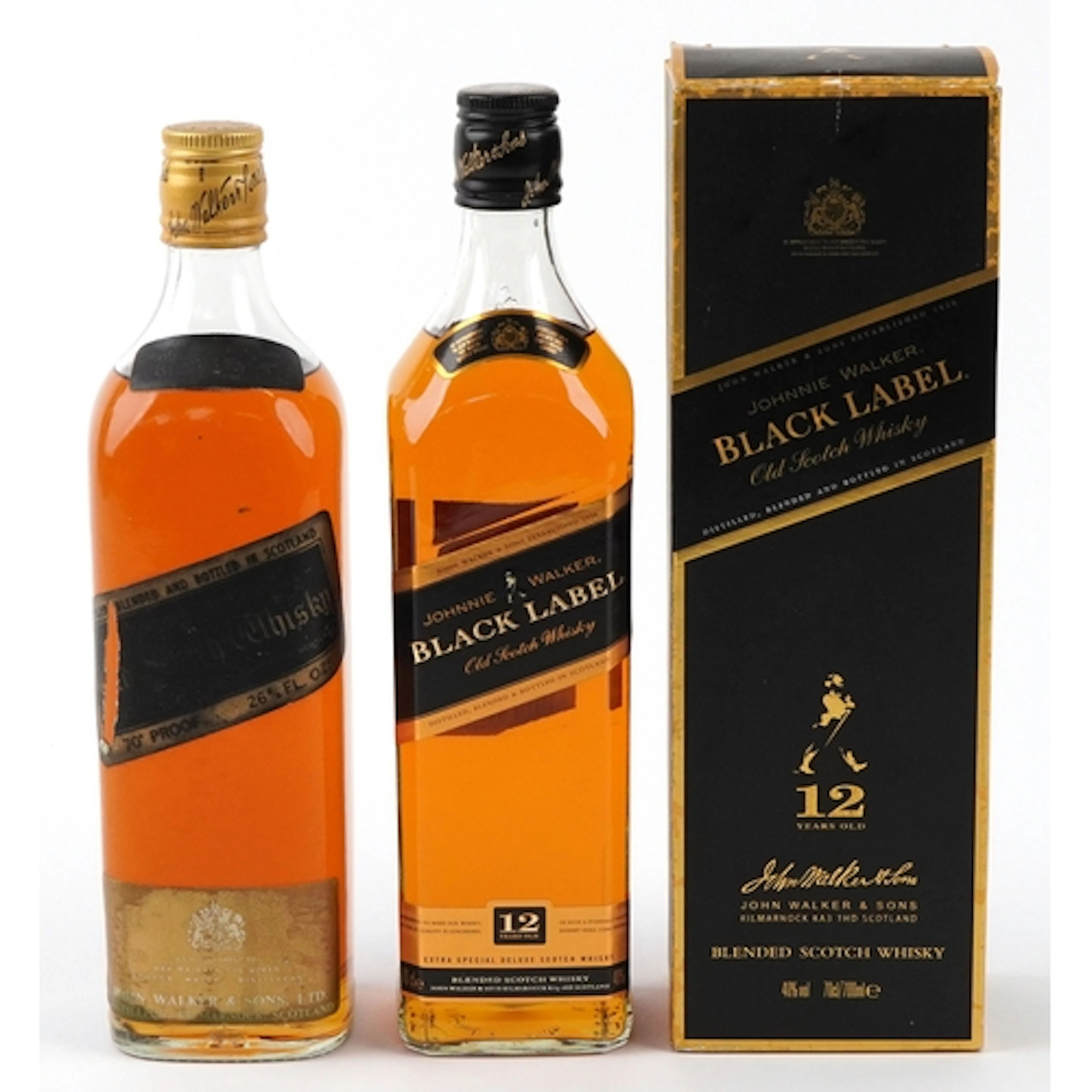 Two bottles of Johnnie Walker Black Label Old Scotch whisky,...