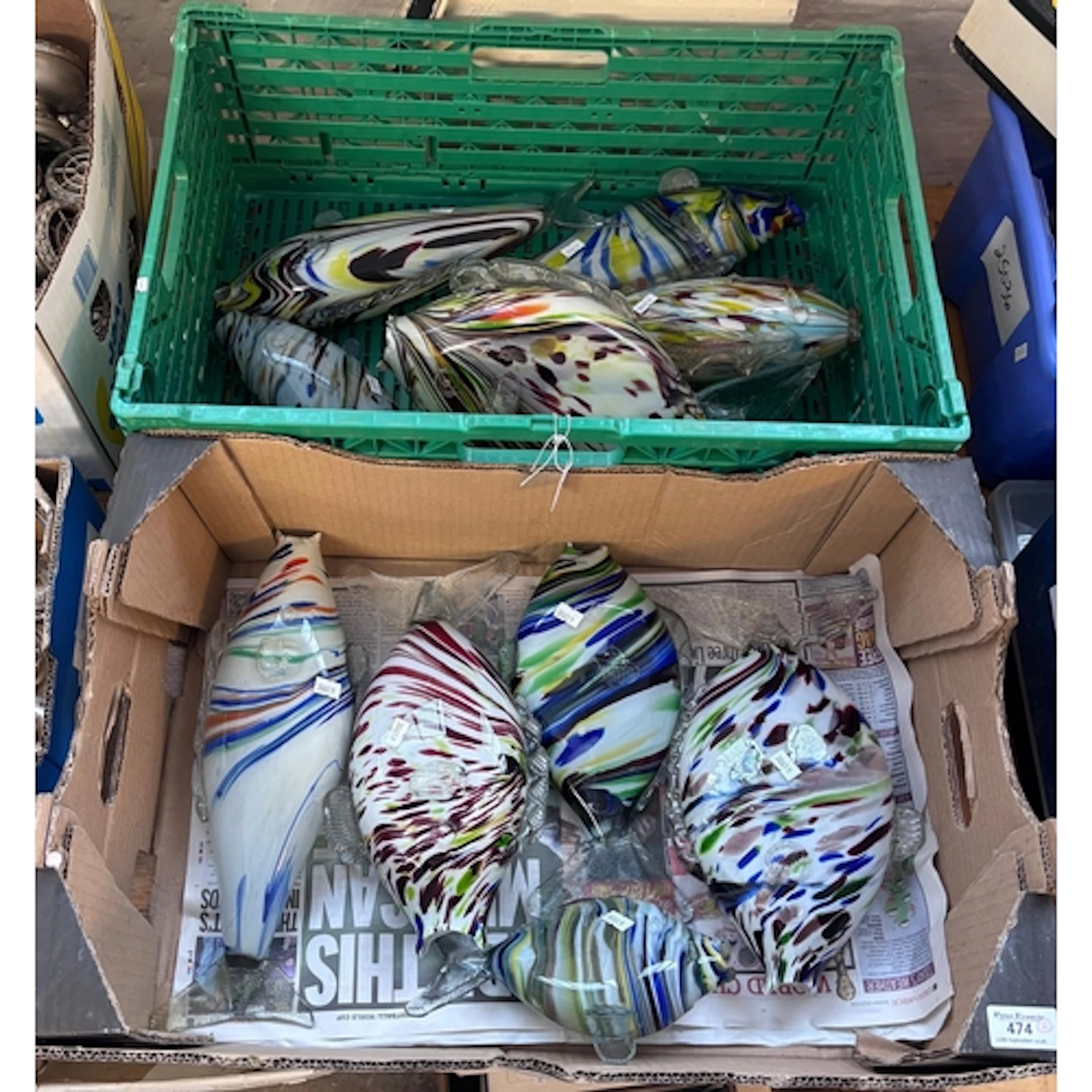 Two boxes of assorted Murano type coloured glass fish. (2) (...
