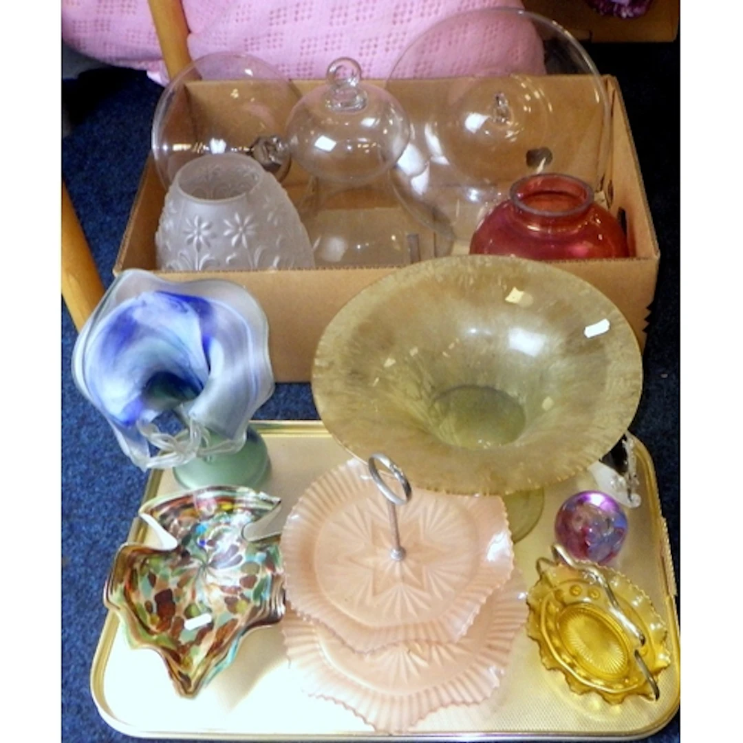 A qty of glass shades, vases, cake stand etc (2)