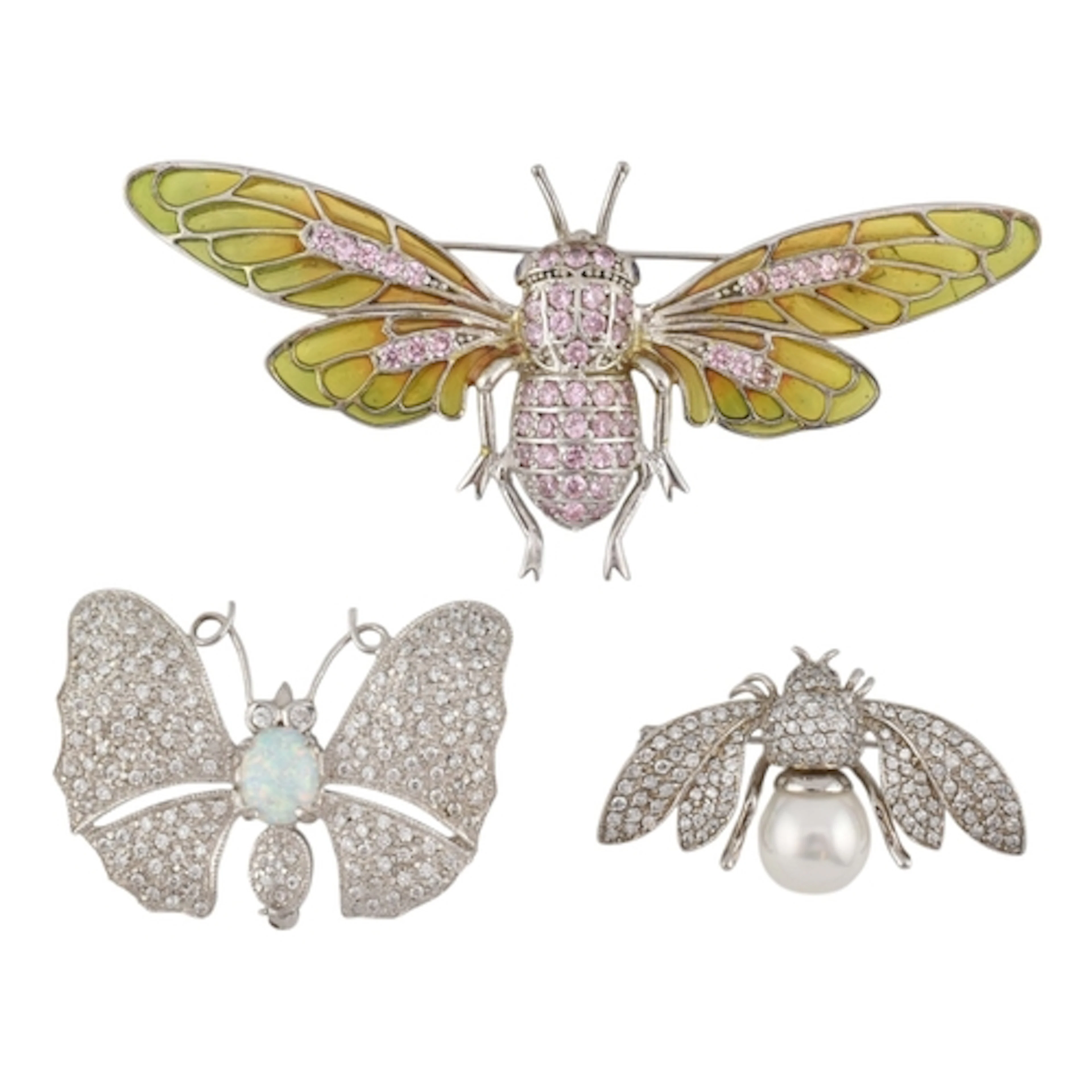 Three silver insect brooch pins. All stamped 925 to verso. A...