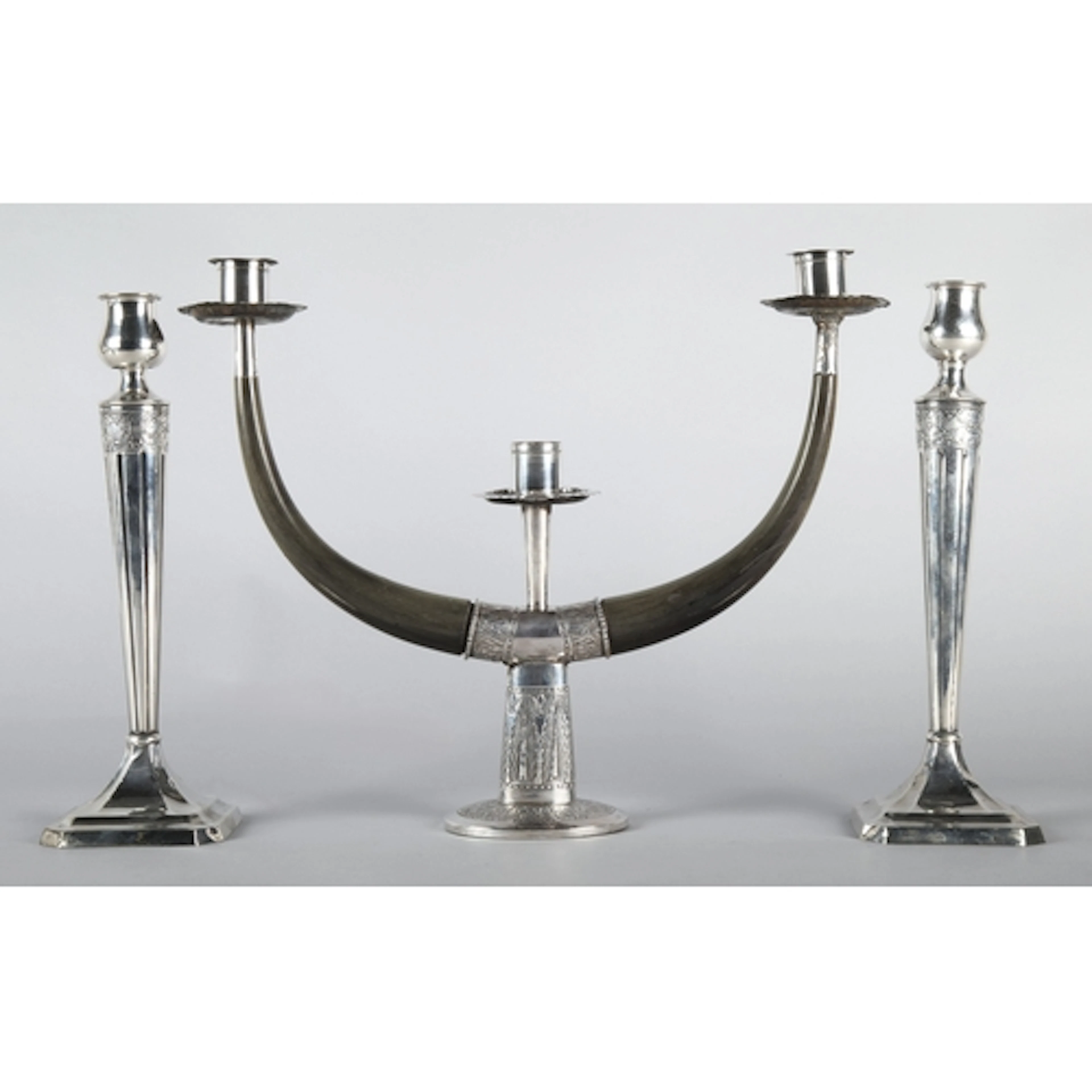 Sterling silver Neo Classical design candleabra with simulat...