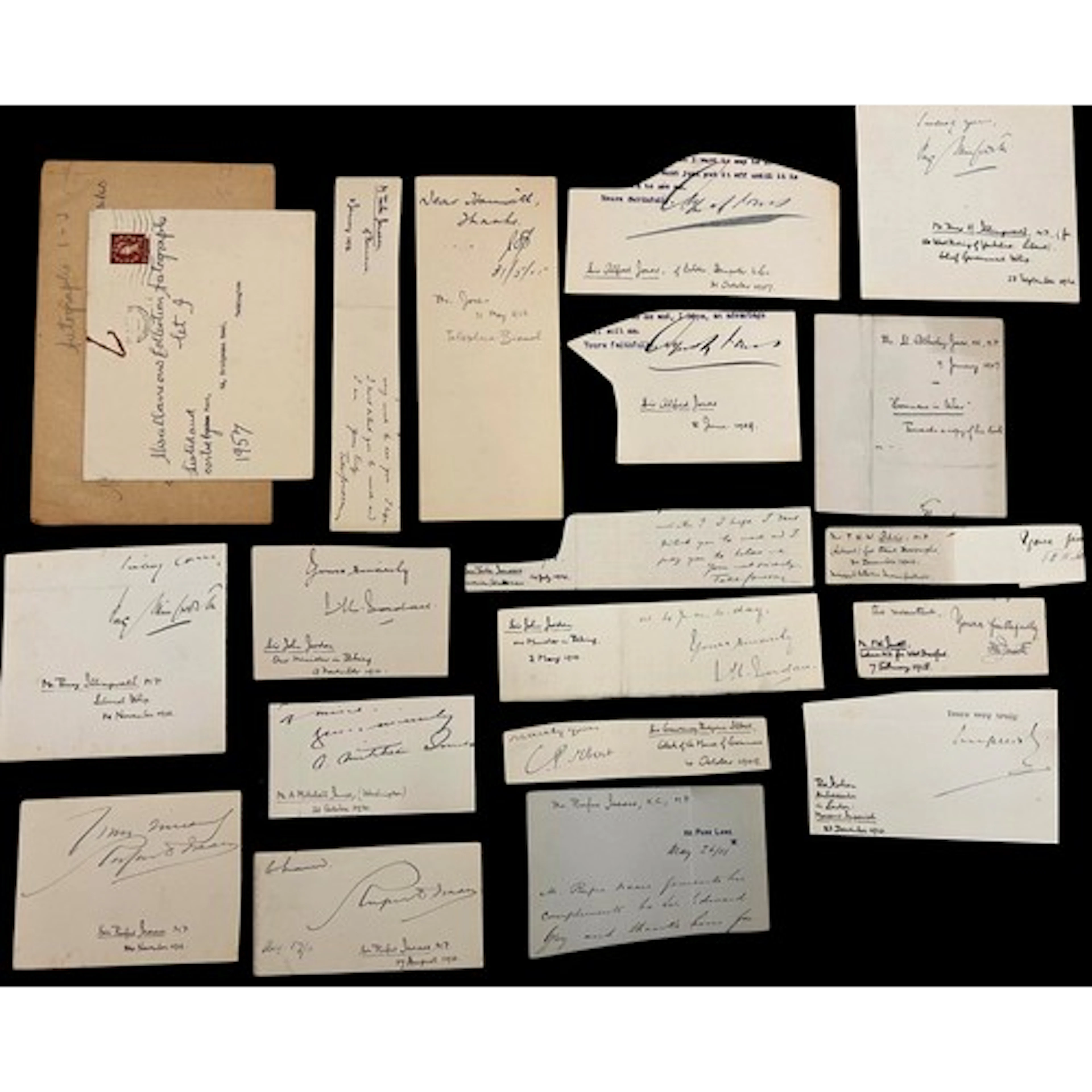A collection of clipped ink autographs of prominent people, ...