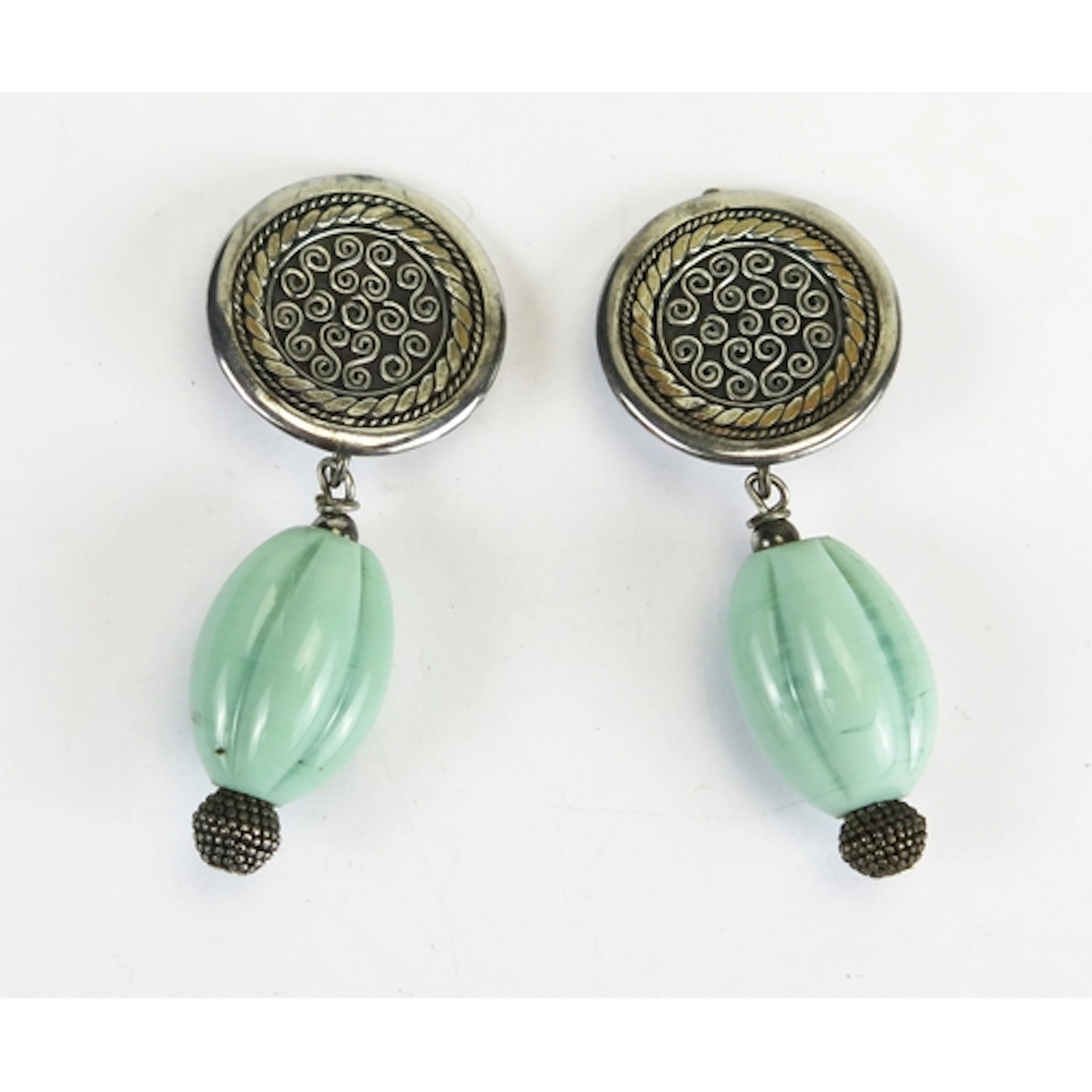A pair of silver and ceramic clip on earrings, c. 55mm drop