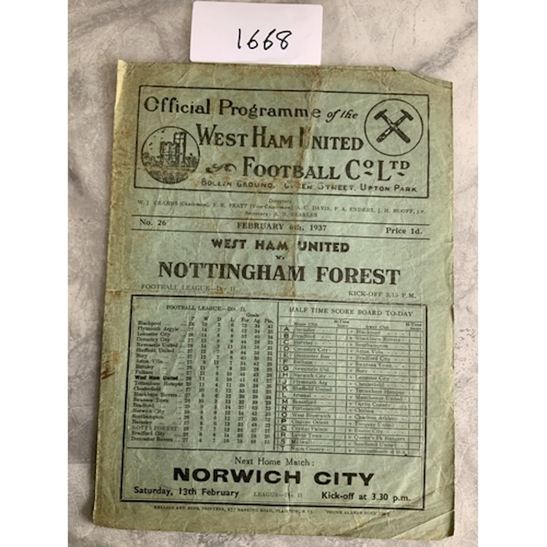 36/37 West Ham v Notts Forest Football Programme: Fair condi...