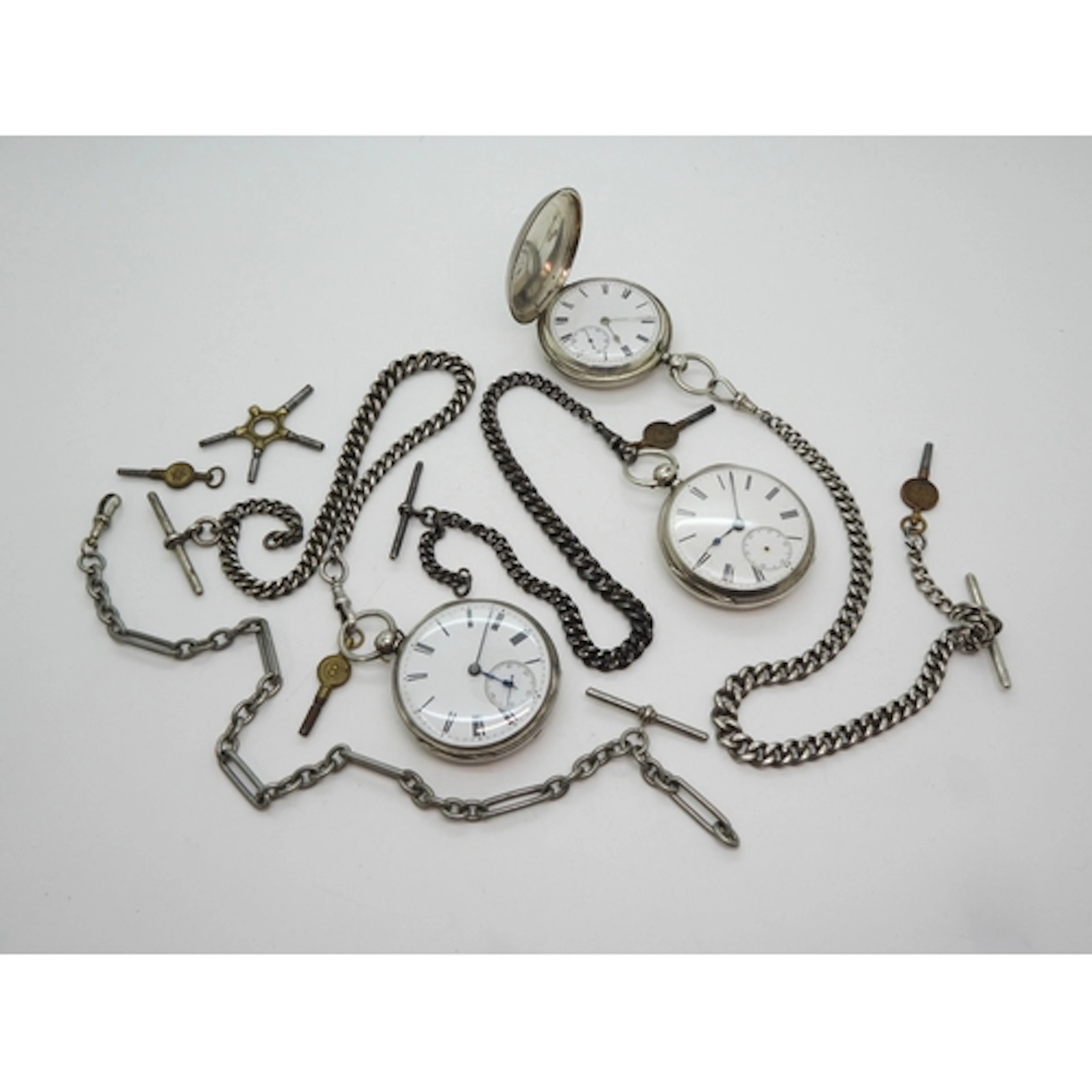 Two silver open face pocket watches with fob chains, dated L...