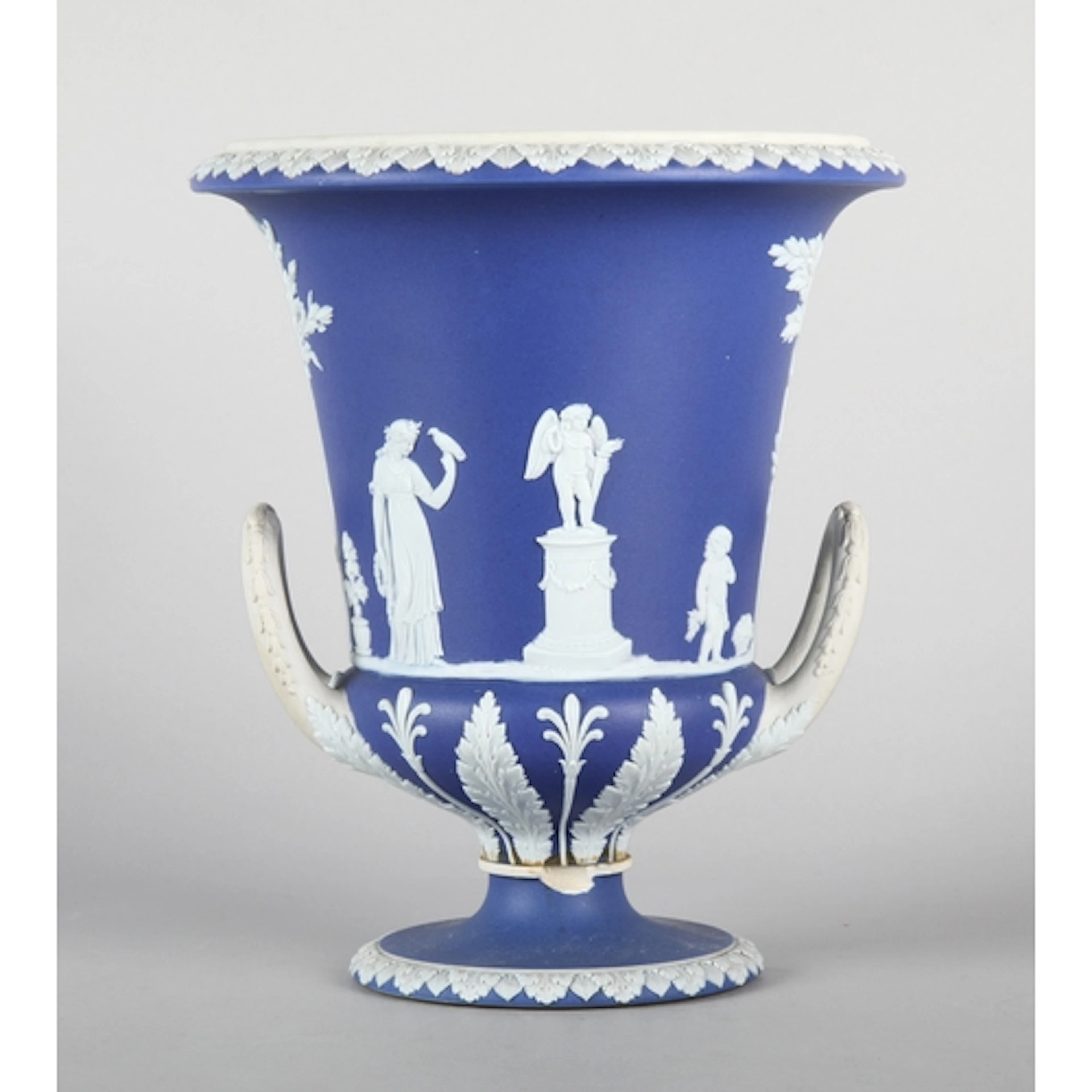 Wedgwood blue and white jasperware campana urn vase. 20cm hi...