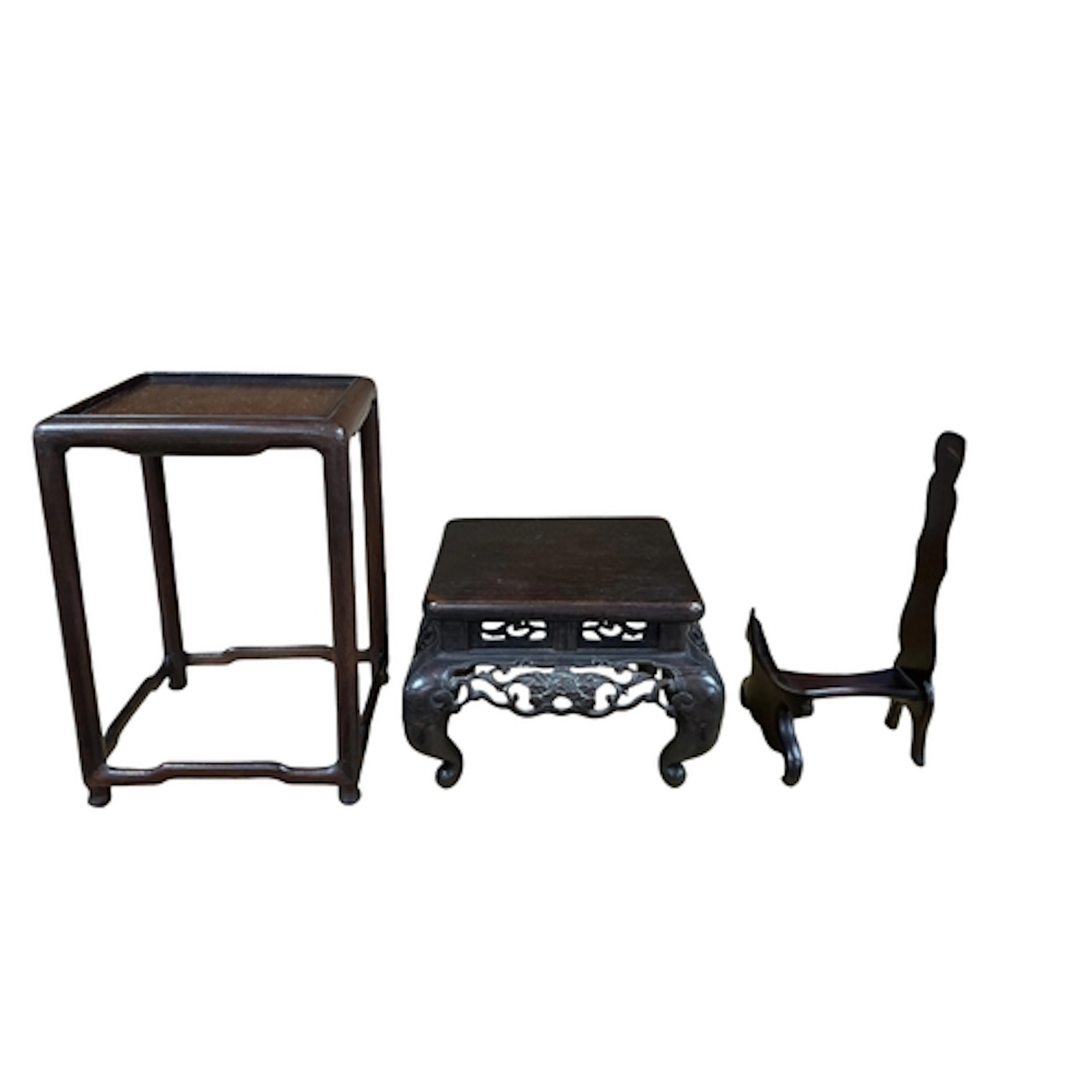 Three Chinese hardwood vase and dish stands, largest 20cm hi...