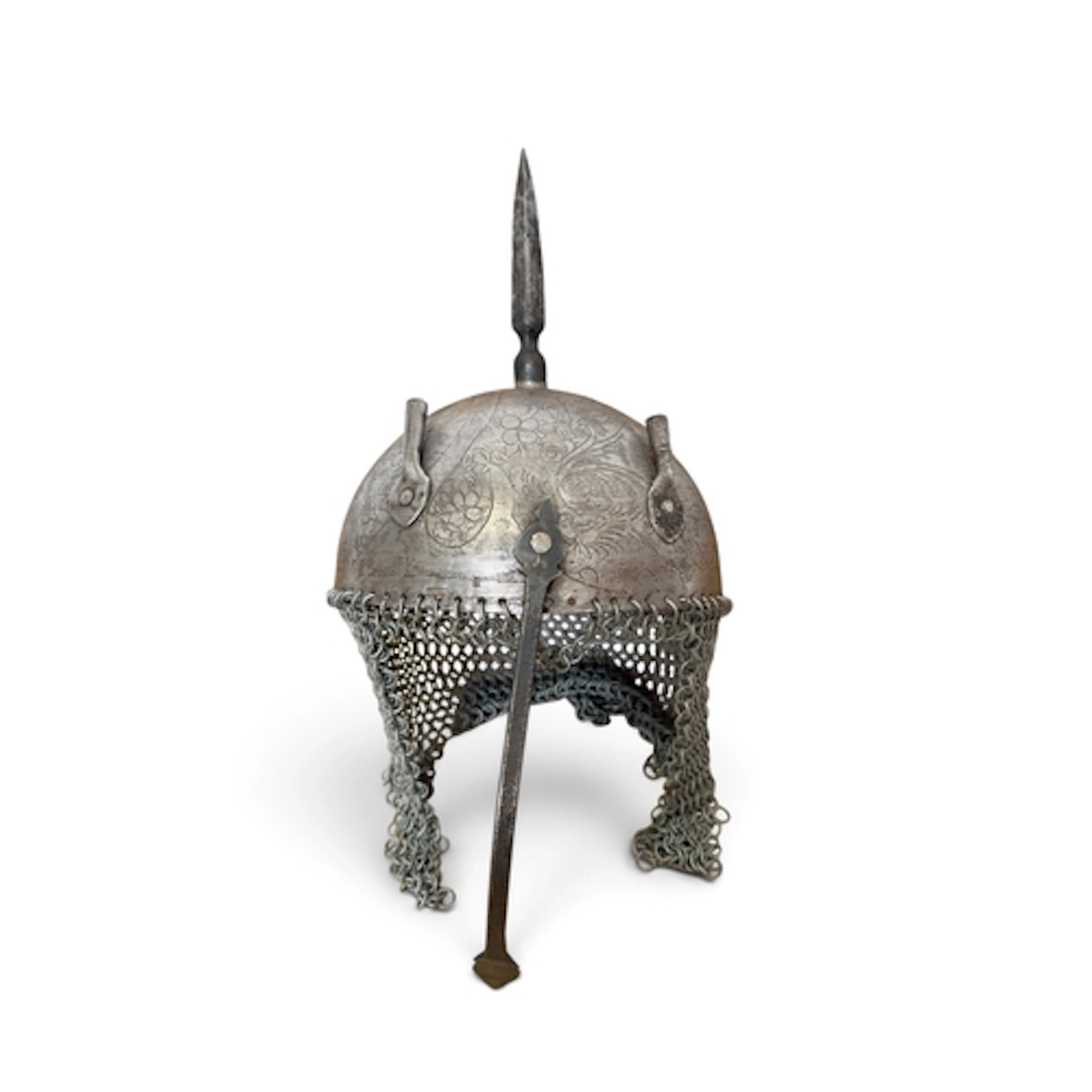 AN INDIAN STEEL HELMET With nose-guard and mesh chainmail. H...