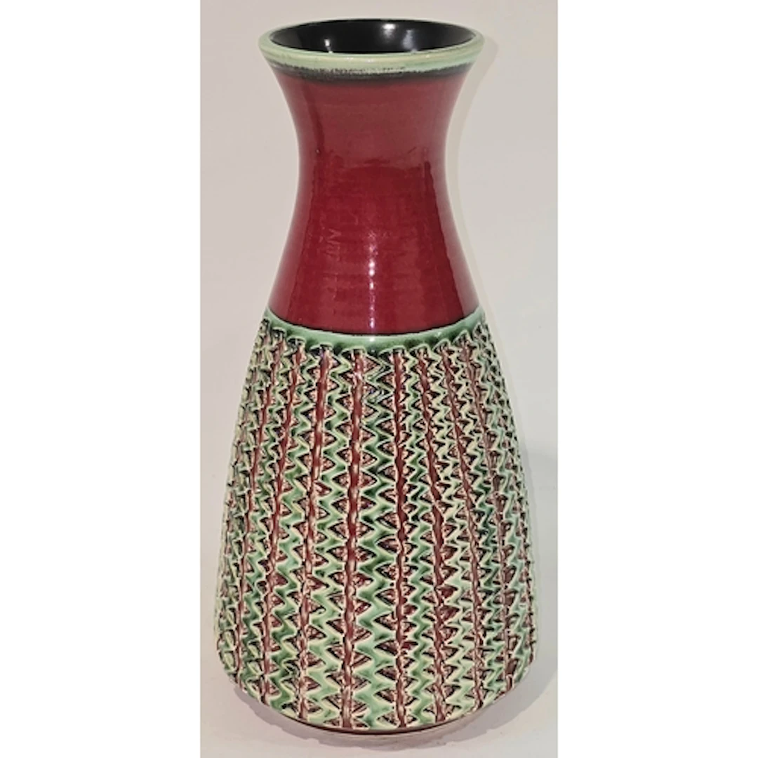 Poole Pottery hand thrown carved vase by Alan White decorate...