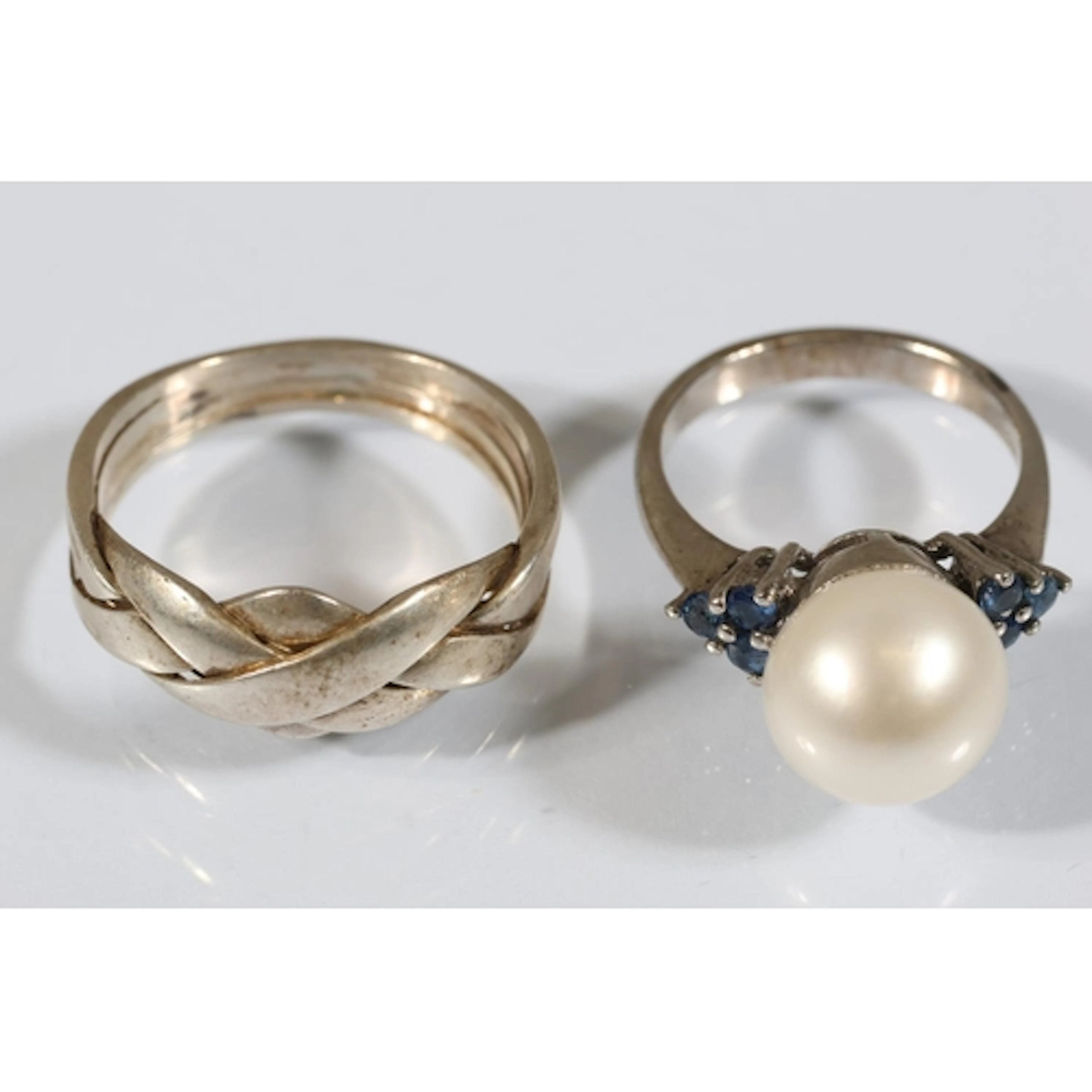 Silver dress ring set with large pearl, size N, 5.3g and a s...