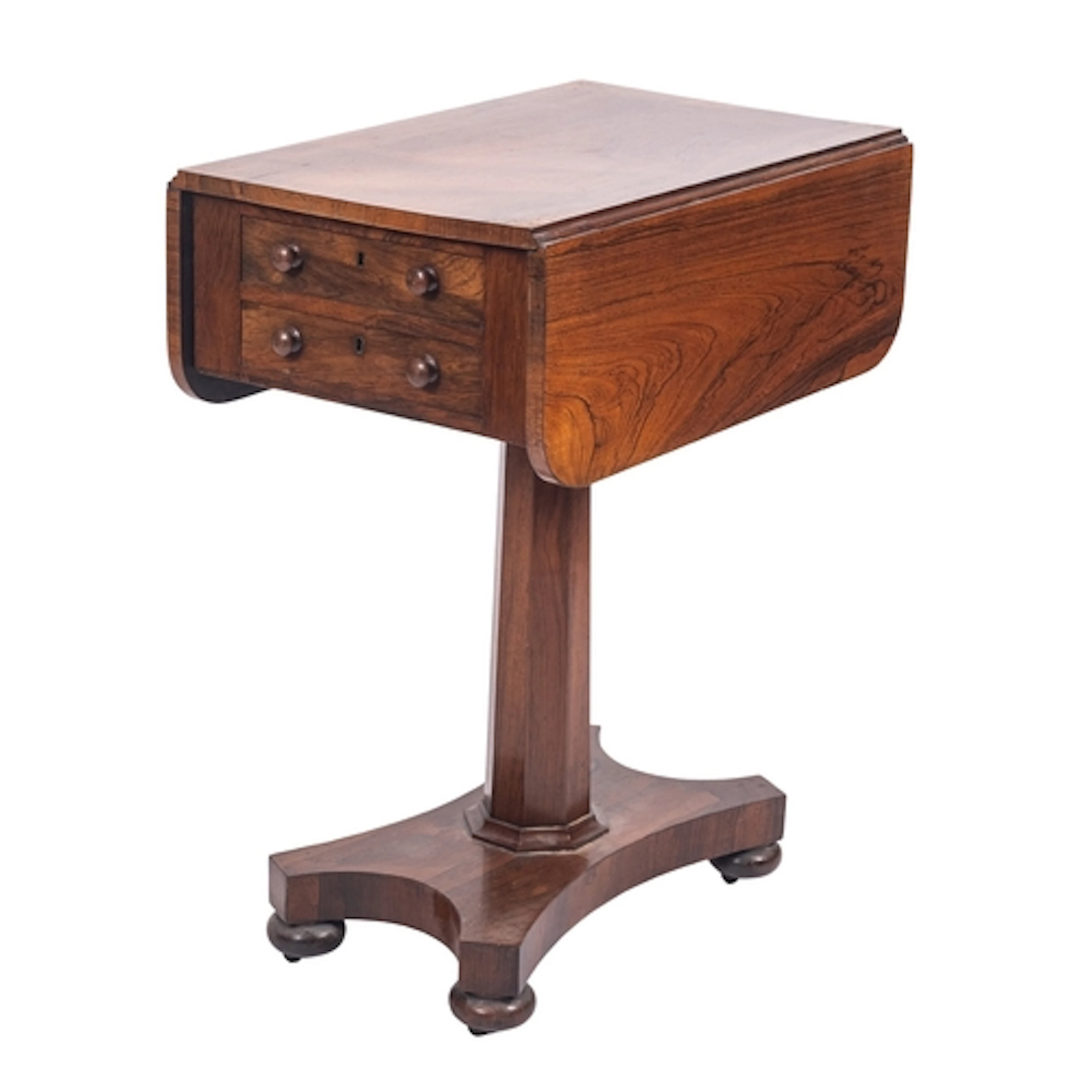 A George IV rosewood drop leaf worktable, circa 1825; the tw...