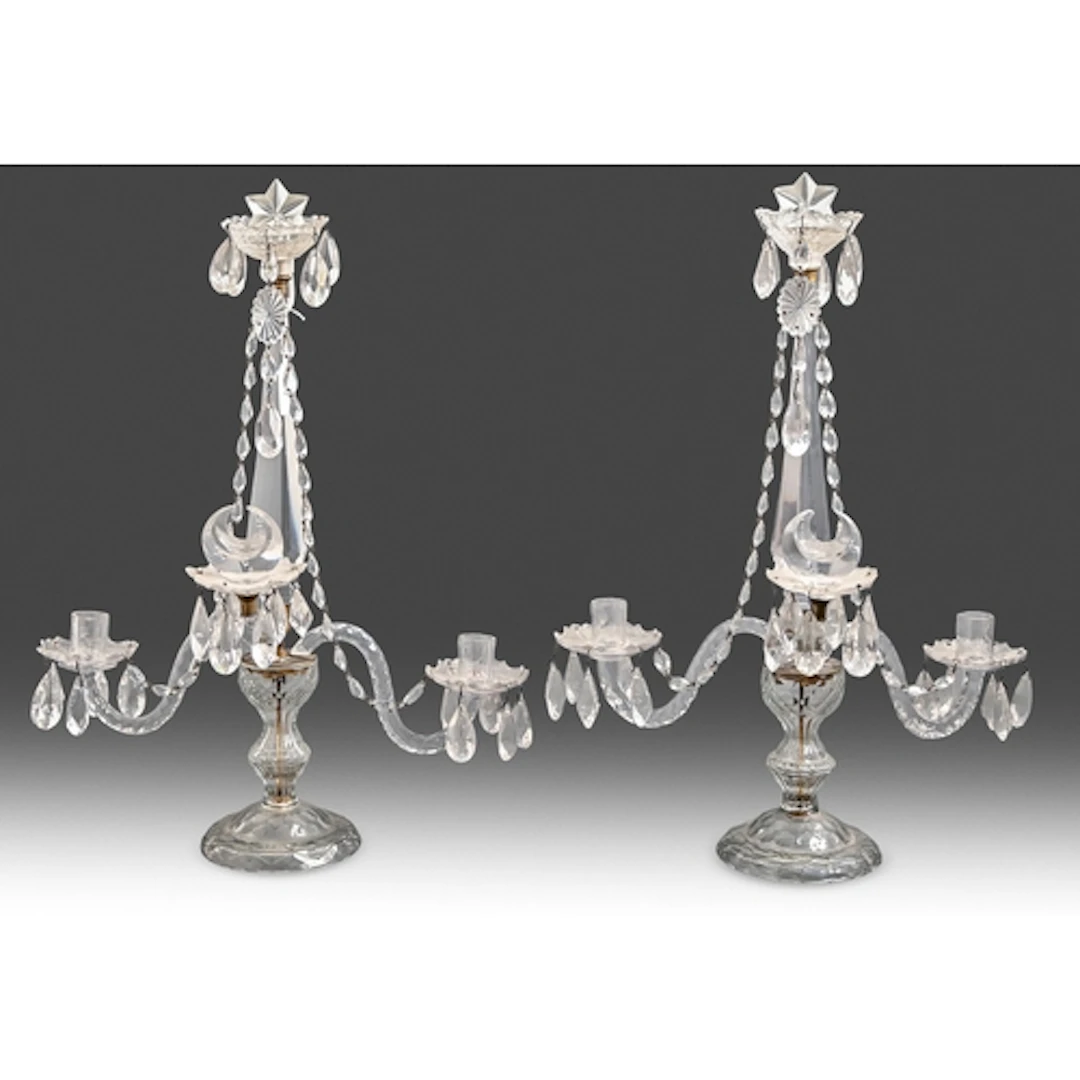 A pair of three branch lustres, early 19th c, on a bulbous c...