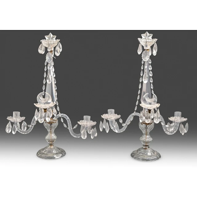 A pair of three branch lustres, early 19th c, on a bulbous c...